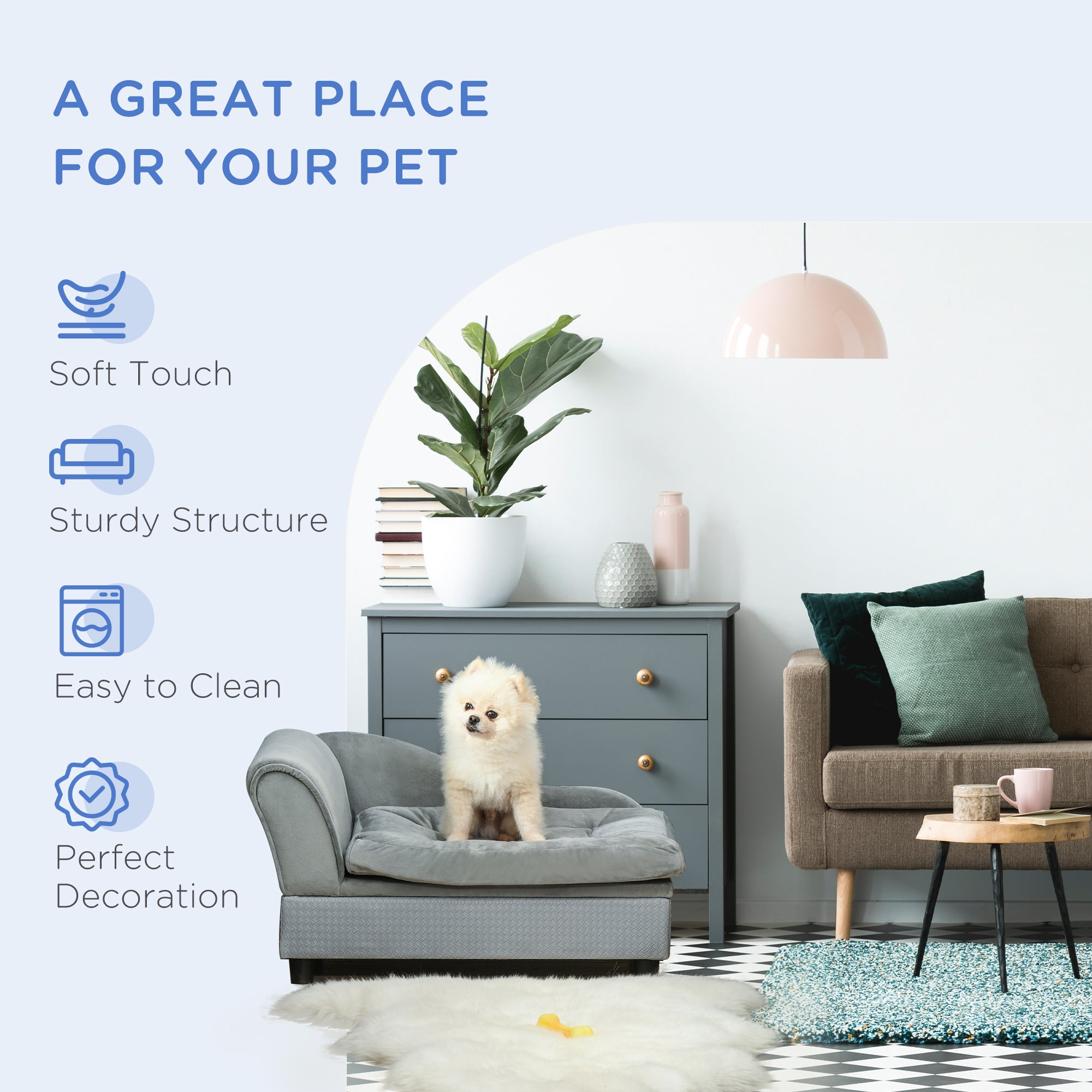 PawHut Dog Sofa Pet Chair Cat Couch with Storage, Soft Cushion, 76 x 45 x 43cm - Light Grey