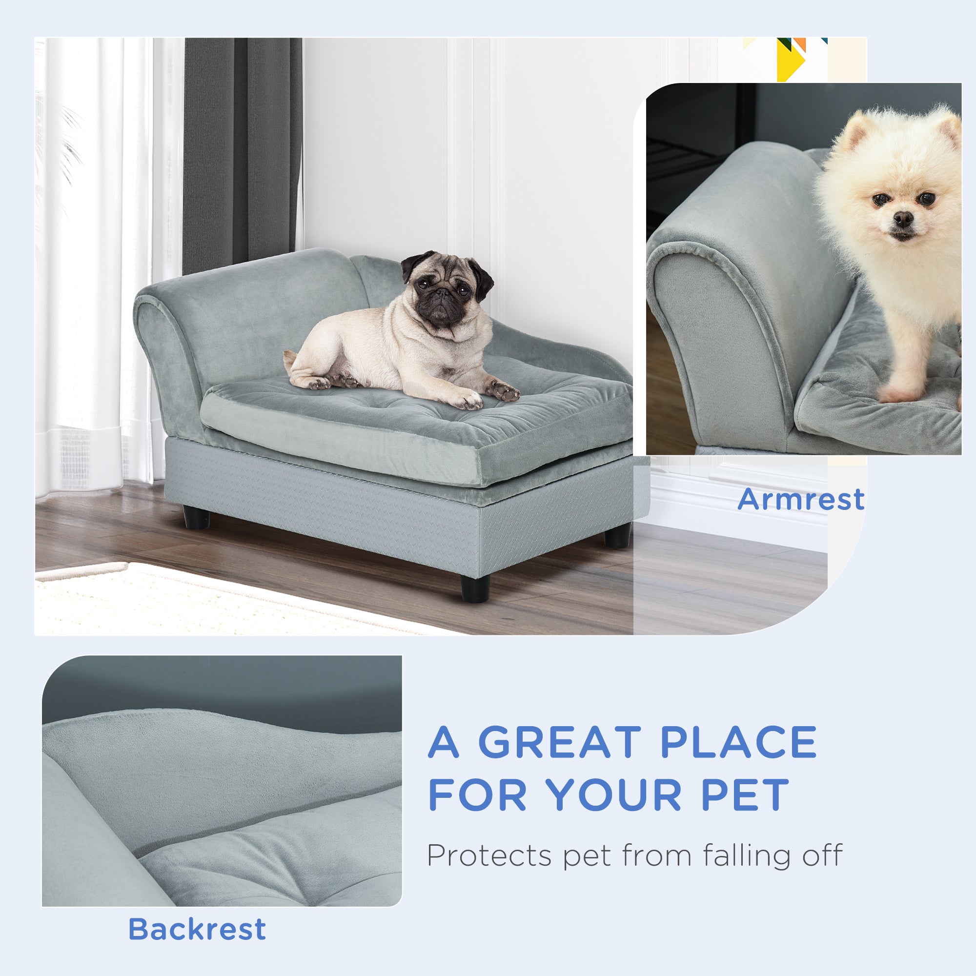 PawHut Dog Sofa Pet Chair Cat Couch with Storage, Soft Cushion, 76 x 45 x 43cm - Light Grey