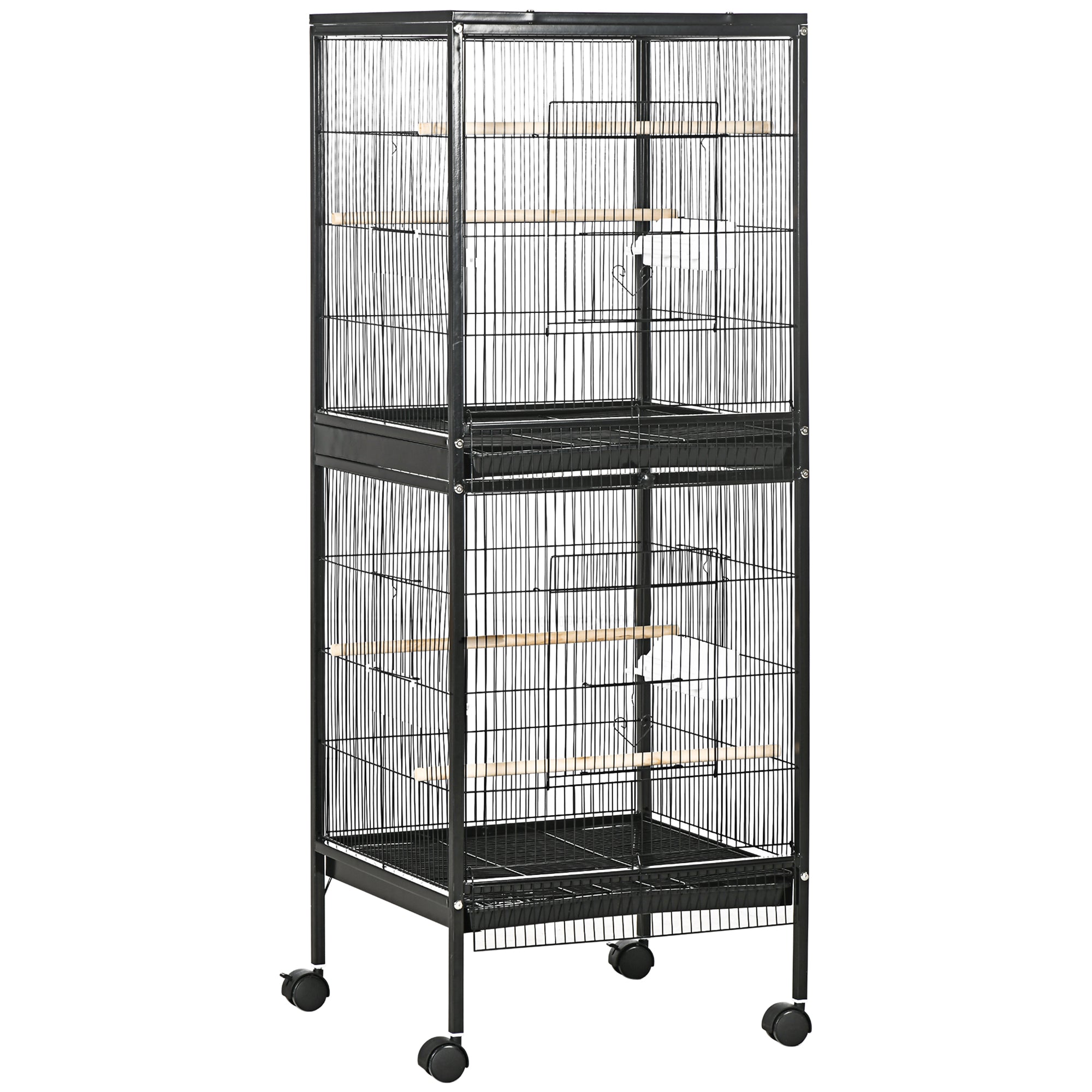 PawHut 55.1" 2 In 1 Bird Cage Aviary Parakeet House for finches, budgies with Wheels, Slide-out Trays, Wood Perch, Food Containers, Black