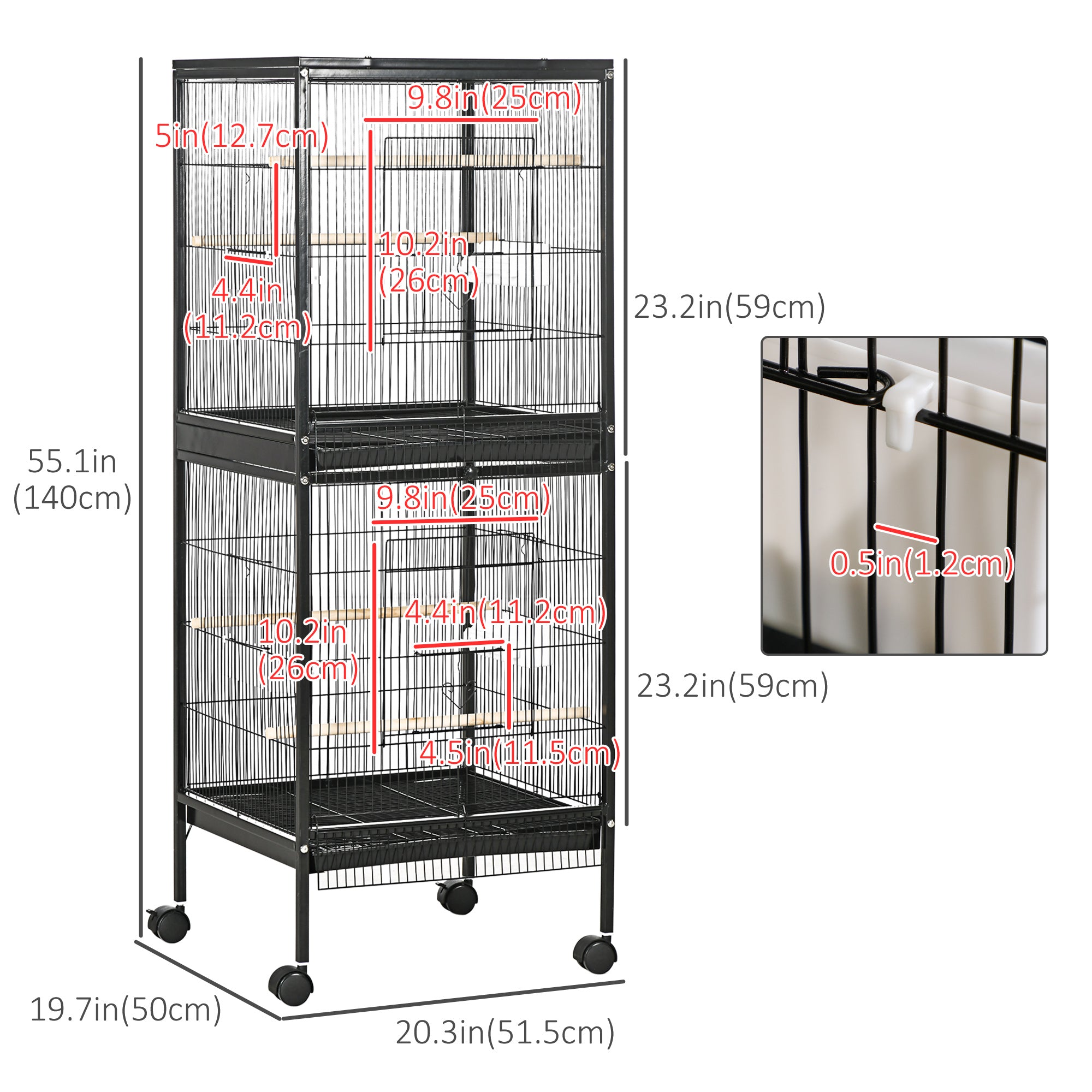 PawHut 55.1" 2 In 1 Bird Cage Aviary Parakeet House for finches, budgies with Wheels, Slide-out Trays, Wood Perch, Food Containers, Black