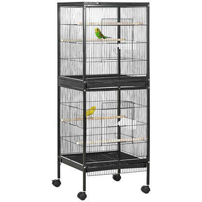 PawHut 55.1" 2 In 1 Bird Cage Aviary Parakeet House for finches, budgies with Wheels, Slide-out Trays, Wood Perch, Food Containers, Black