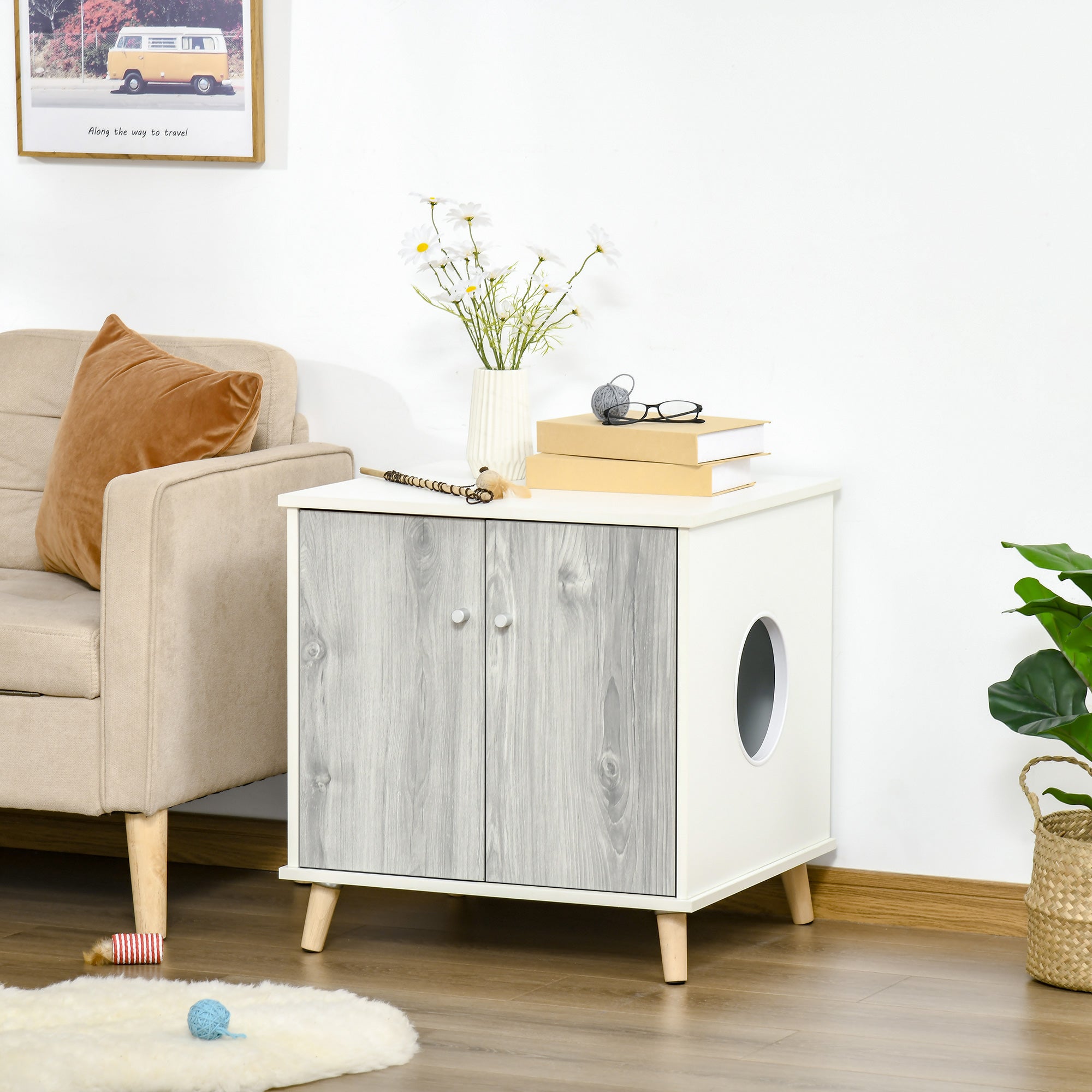 PawHut Cat Litter Box Enclosure Washroom Cave House Decorative End Table Wooden Cabinet Indoor with 2 Magnetic Door Wide Tabletop White