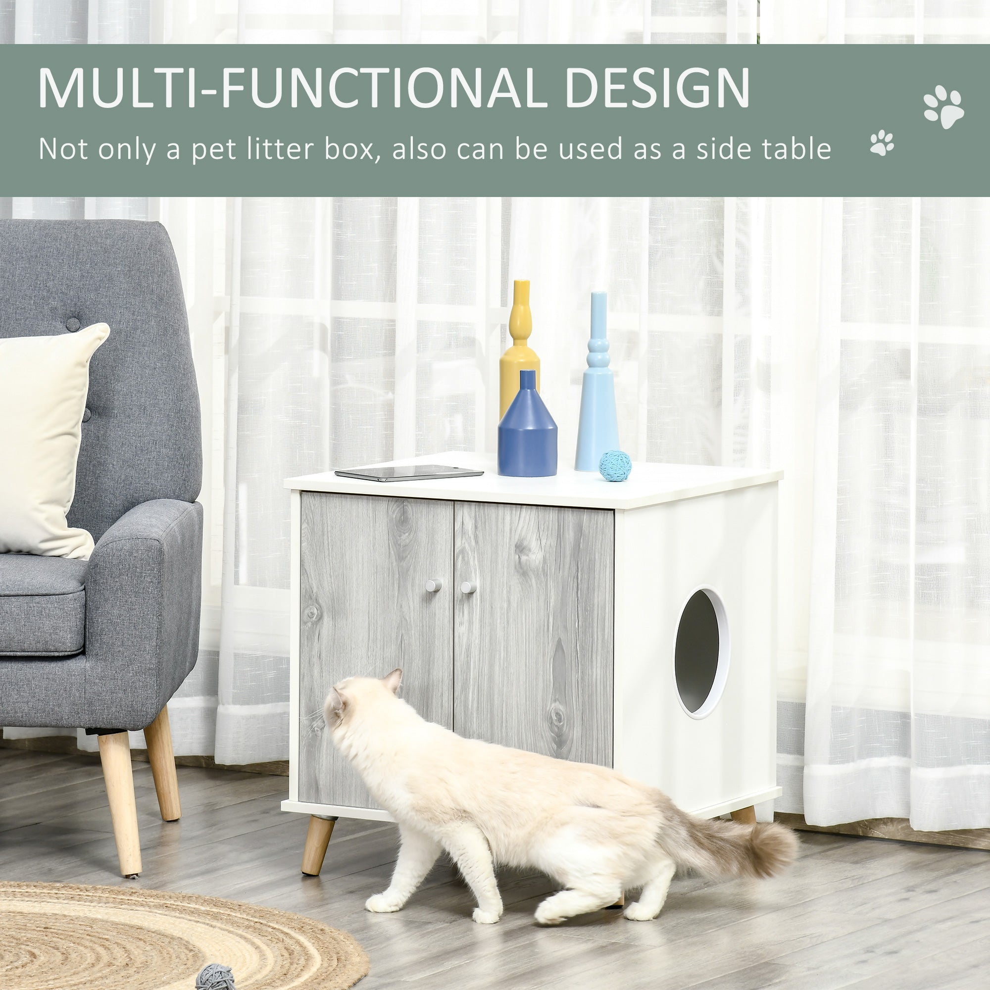 PawHut Cat Litter Box Enclosure Washroom Cave House Decorative End Table Wooden Cabinet Indoor with 2 Magnetic Door Wide Tabletop White