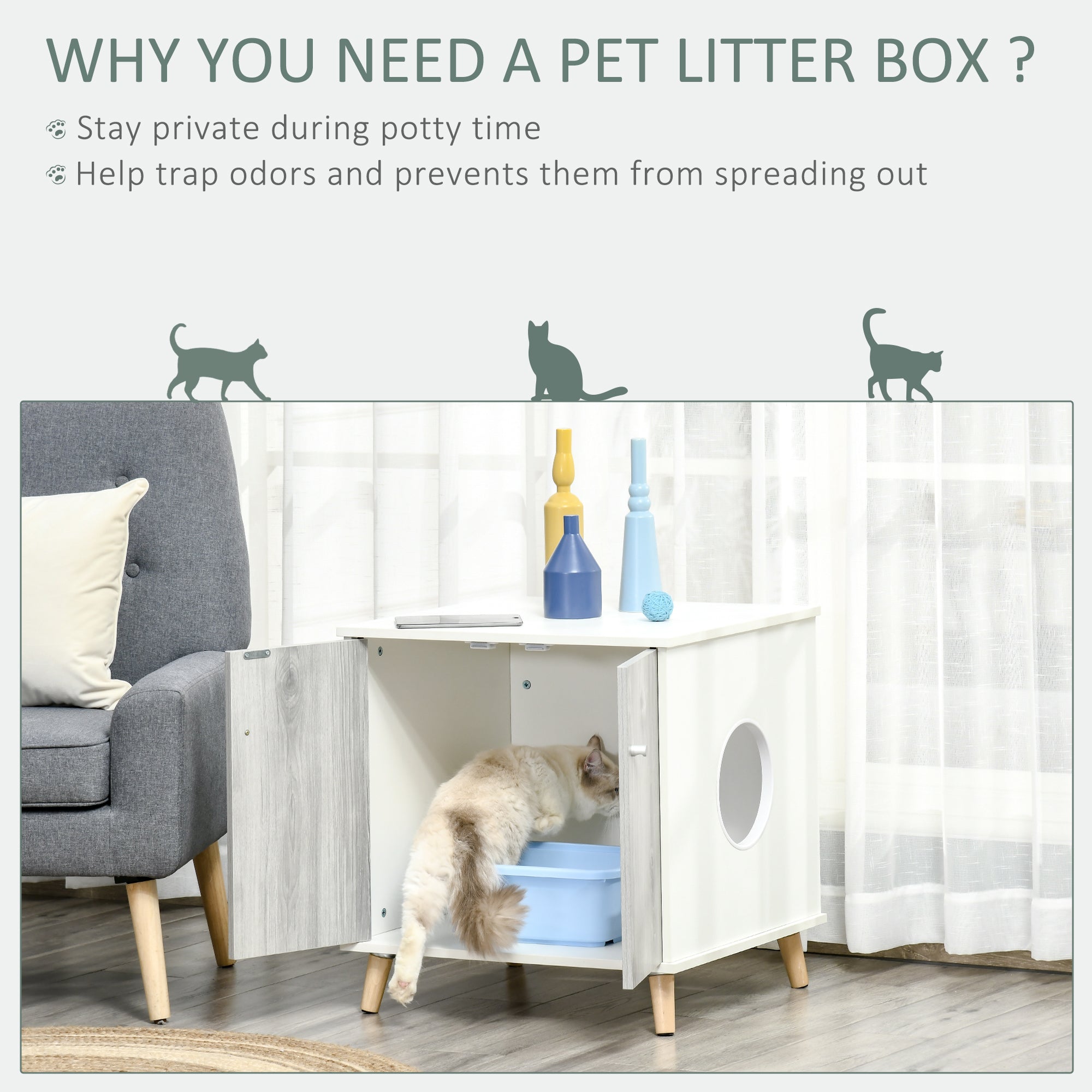 PawHut Cat Litter Box Enclosure Washroom Cave House Decorative End Table Wooden Cabinet Indoor with 2 Magnetic Door Wide Tabletop White