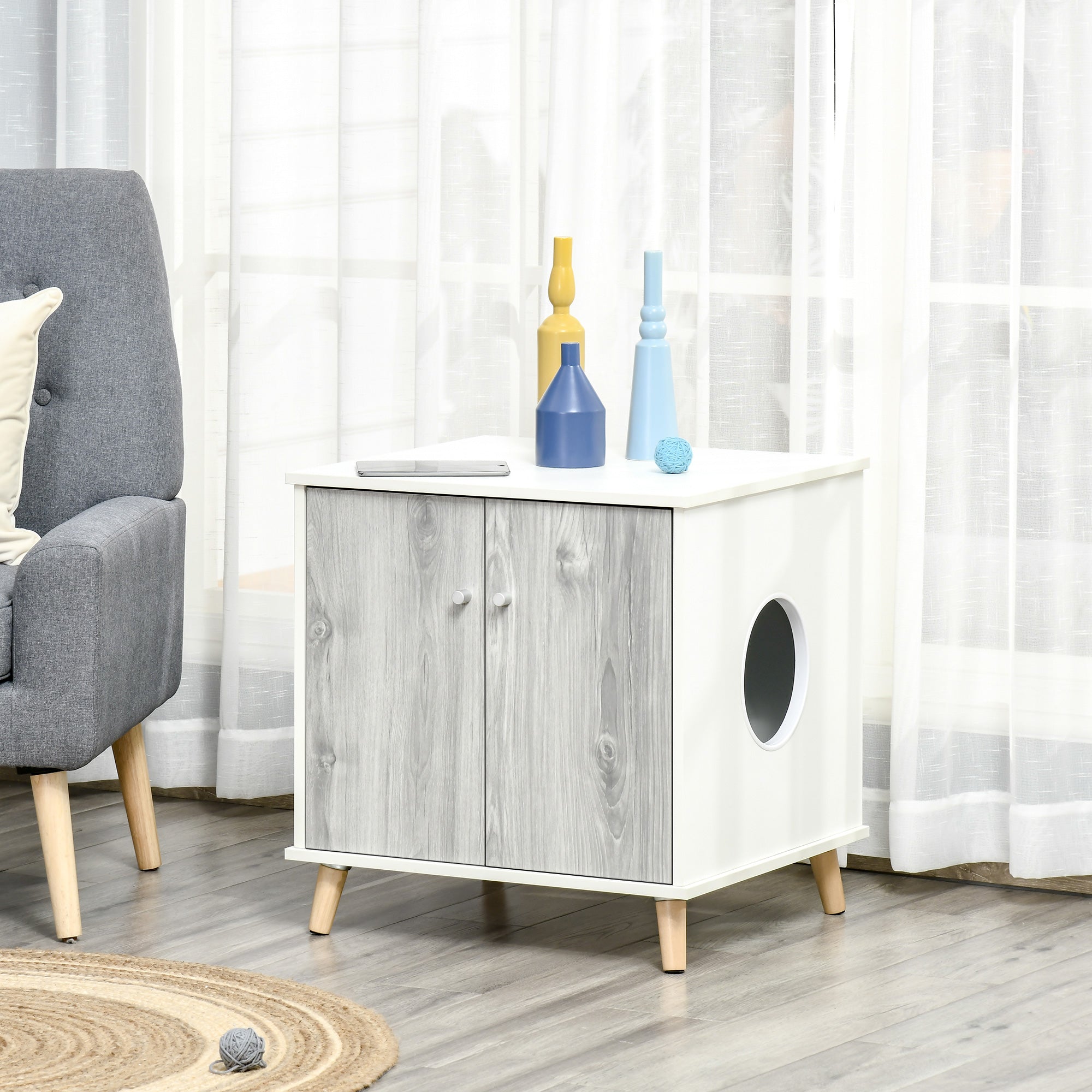 PawHut Cat Litter Box Enclosure Washroom Cave House Decorative End Table Wooden Cabinet Indoor with 2 Magnetic Door Wide Tabletop White