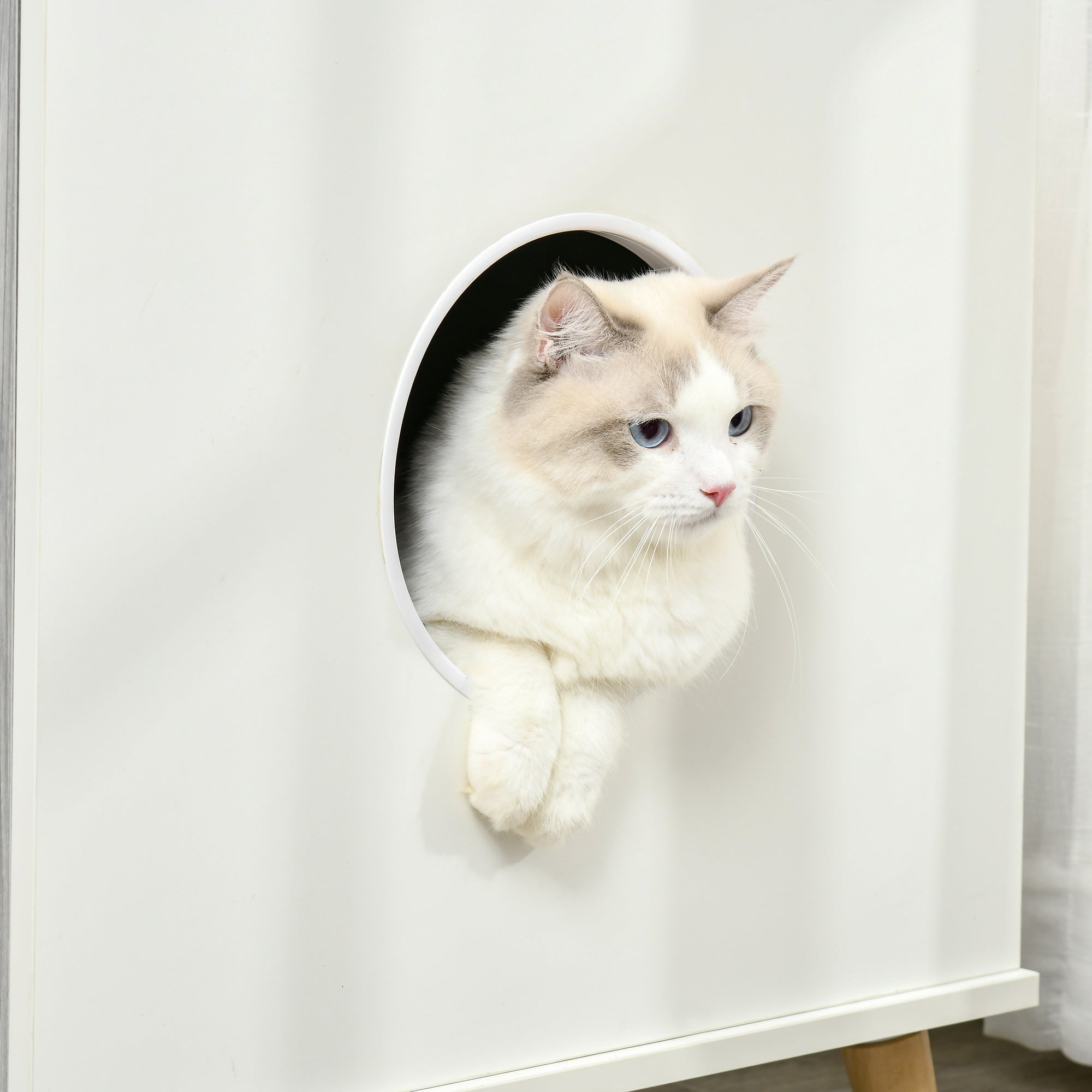 PawHut Cat Litter Box Enclosure Washroom Cave House Decorative End Table Wooden Cabinet Indoor with 2 Magnetic Door Wide Tabletop White