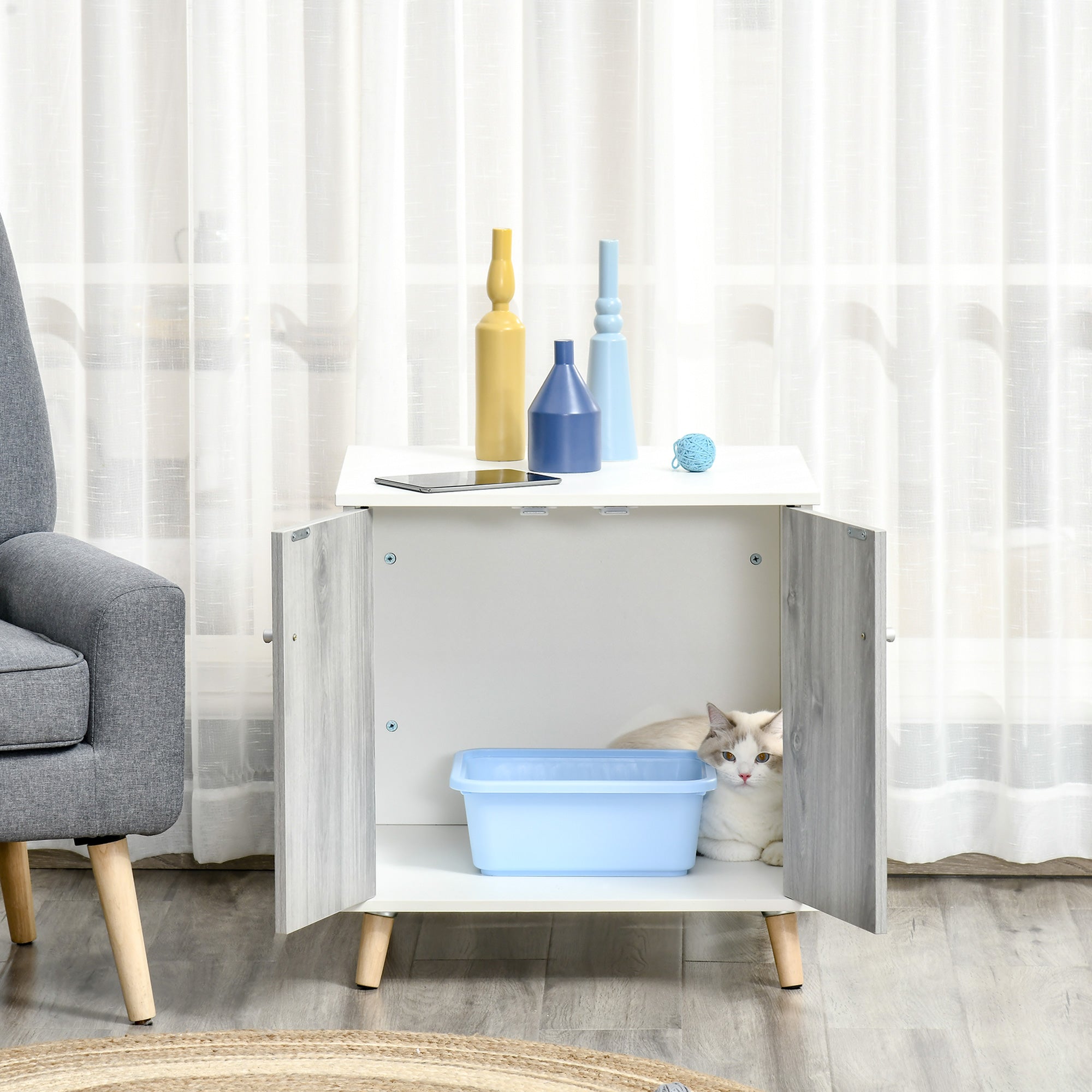 PawHut Cat Litter Box Enclosure Washroom Cave House Decorative End Table Wooden Cabinet Indoor with 2 Magnetic Door Wide Tabletop White