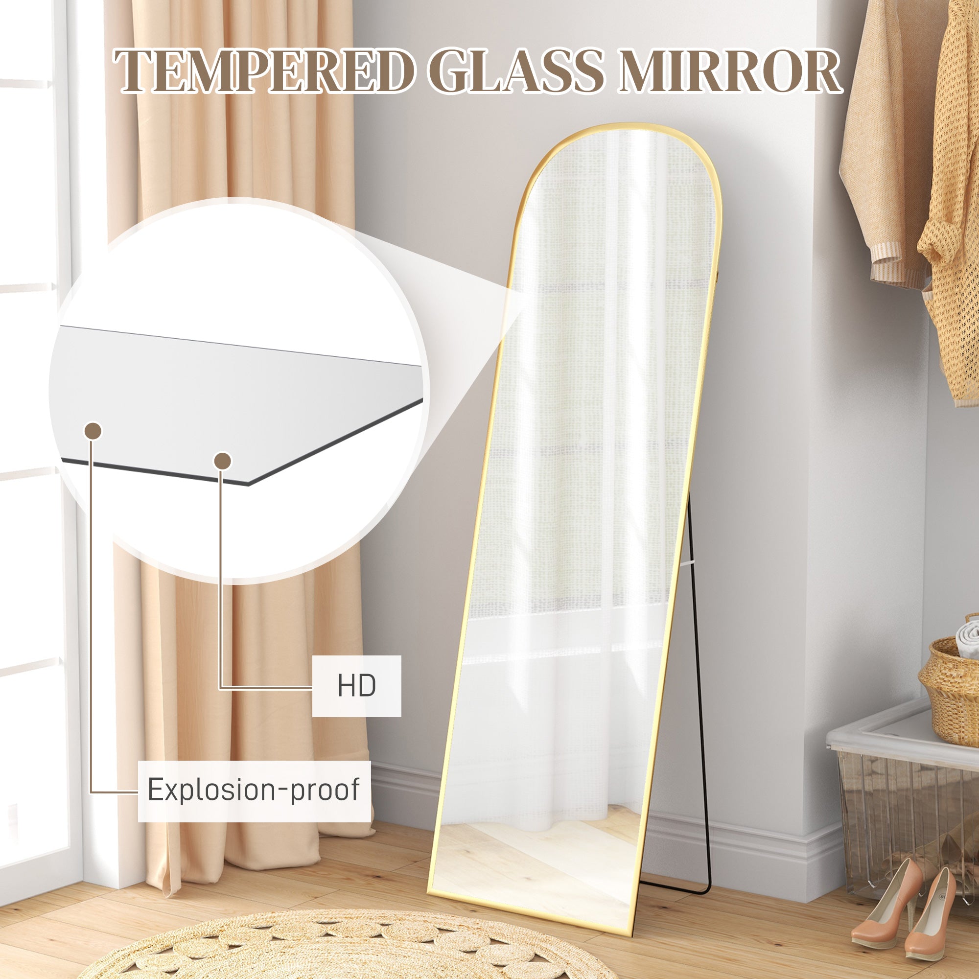 HOMCOM Arched Full Length Mirror, 64" x 20" Aluminum Full Body Mirror with Stand, Free Standing, Wall Mounted or Leaning Floor Length Mirror for Living Room, Bedroom, Gold