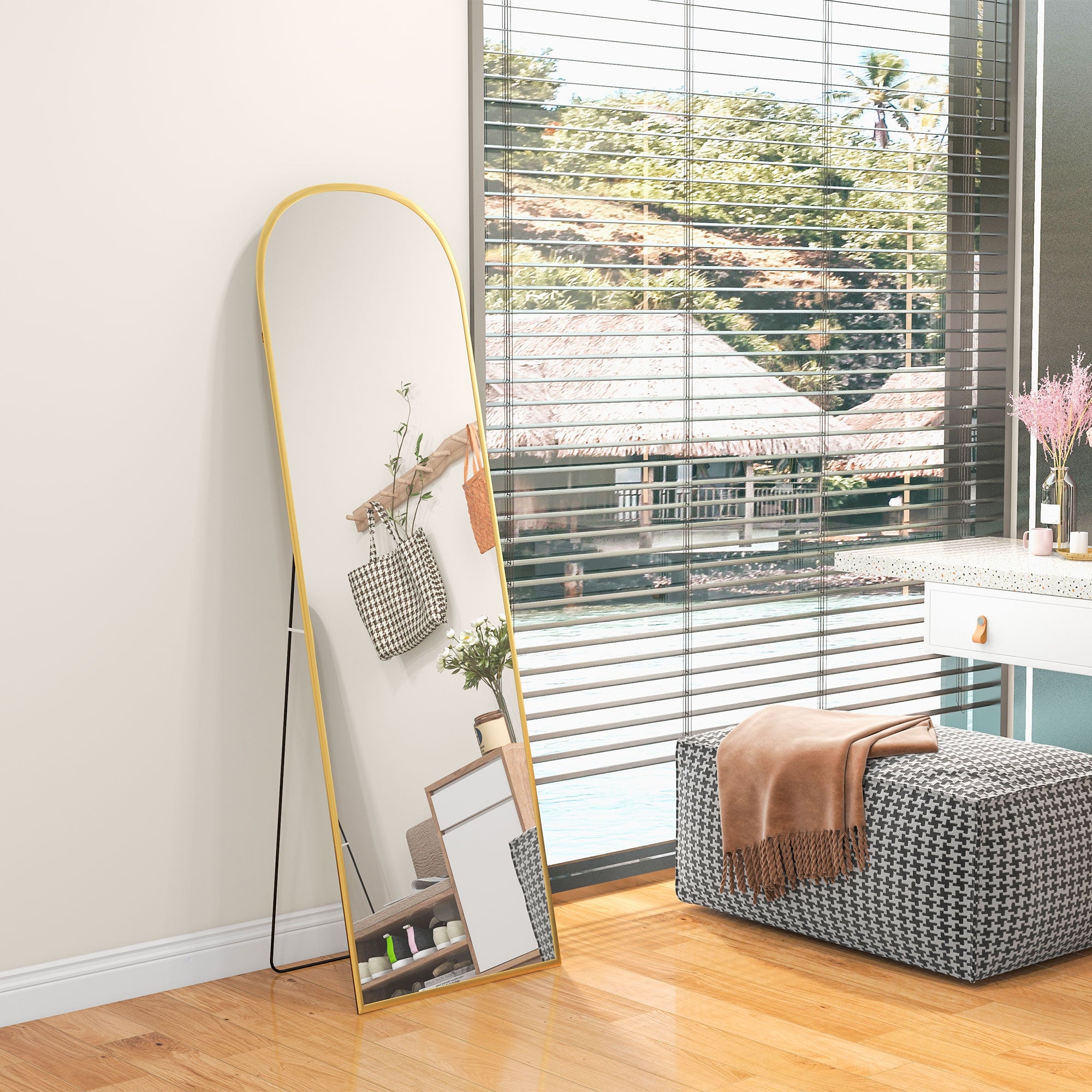 HOMCOM Arched Full Length Mirror, 64" x 20" Aluminum Full Body Mirror with Stand, Free Standing, Wall Mounted or Leaning Floor Length Mirror for Living Room, Bedroom, Gold