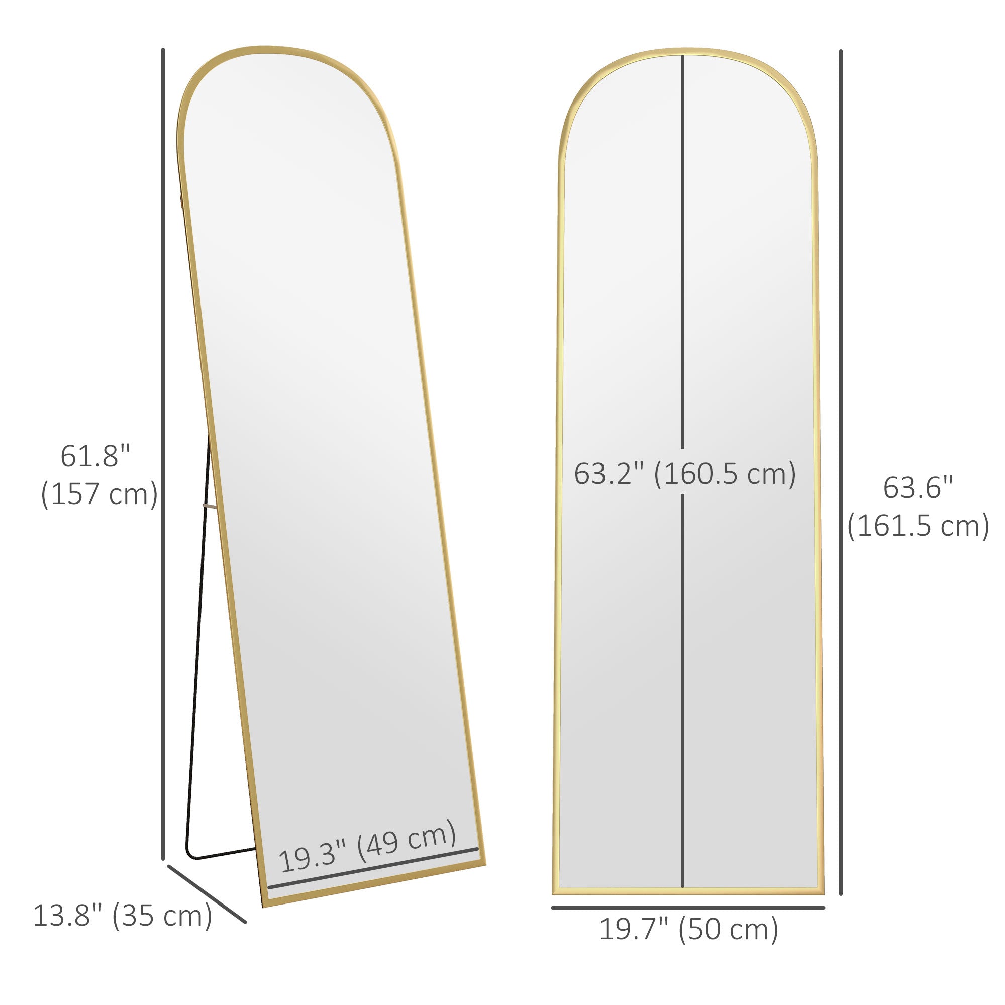 HOMCOM Arched Full Length Mirror, 64" x 20" Aluminum Full Body Mirror with Stand, Free Standing, Wall Mounted or Leaning Floor Length Mirror for Living Room, Bedroom, Gold