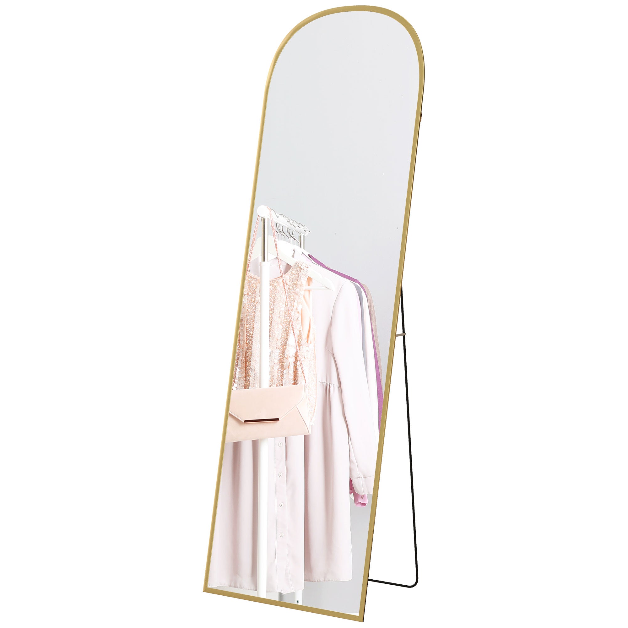 HOMCOM Arched Full Length Mirror, 64" x 20" Aluminum Full Body Mirror with Stand, Free Standing, Wall Mounted or Leaning Floor Length Mirror for Living Room, Bedroom, Gold
