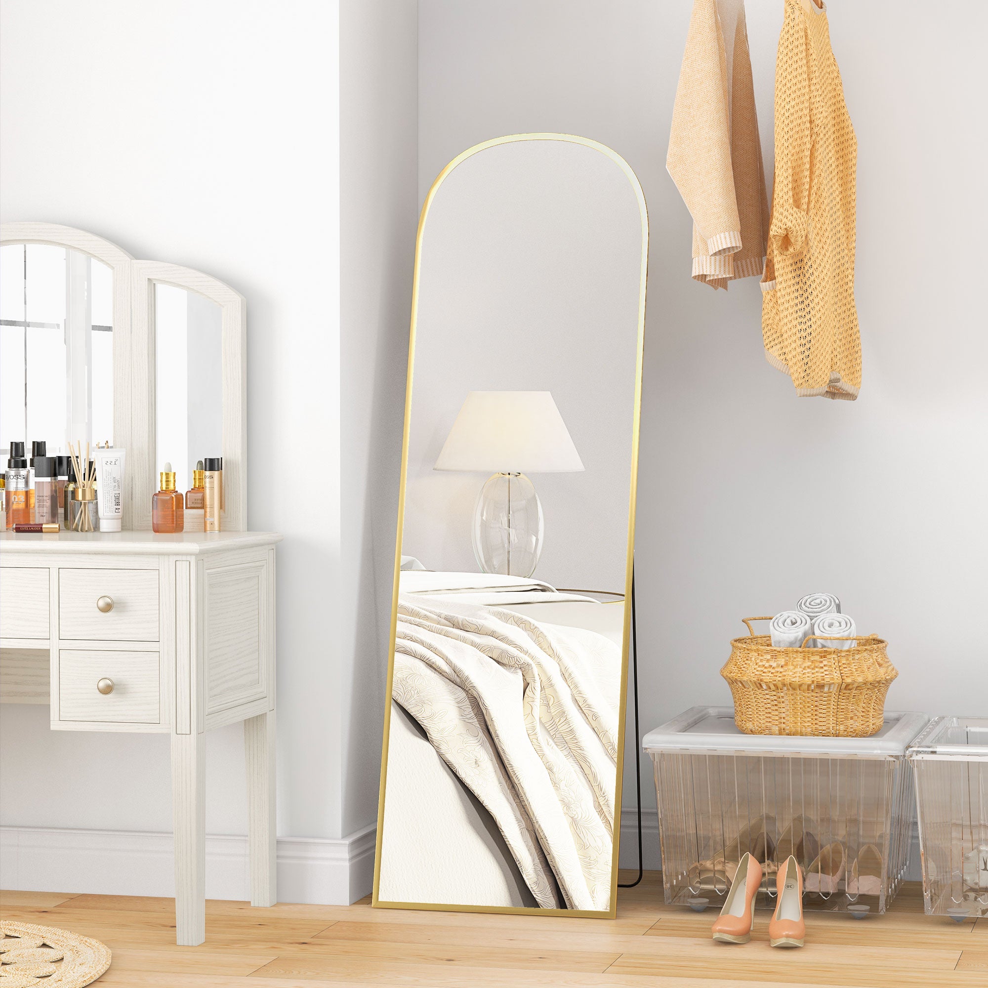 HOMCOM Arched Full Length Mirror, 64" x 20" Aluminum Full Body Mirror with Stand, Free Standing, Wall Mounted or Leaning Floor Length Mirror for Living Room, Bedroom, Gold
