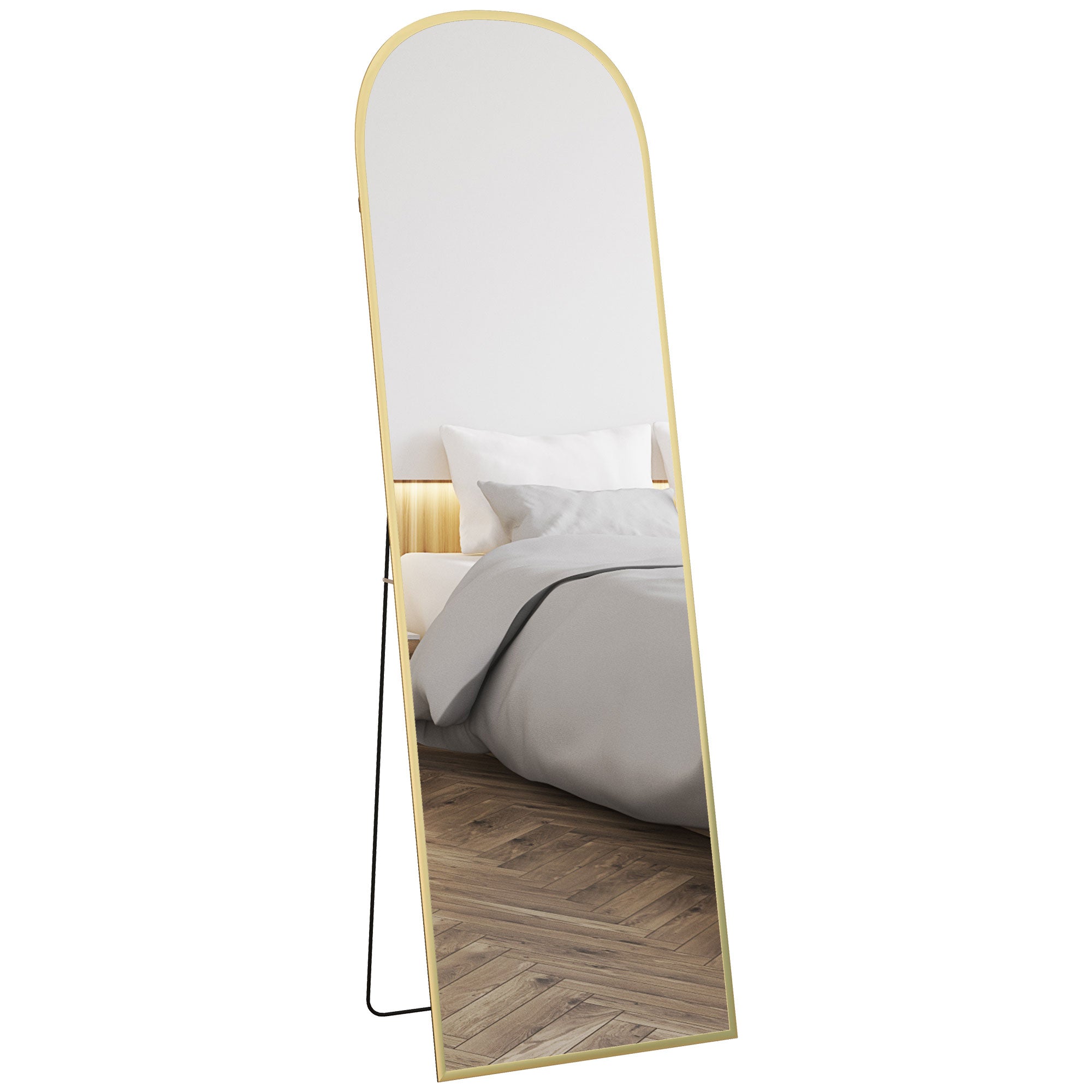 HOMCOM Arched Full Length Mirror, 64" x 20" Aluminum Full Body Mirror with Stand, Free Standing, Wall Mounted or Leaning Floor Length Mirror for Living Room, Bedroom, Gold