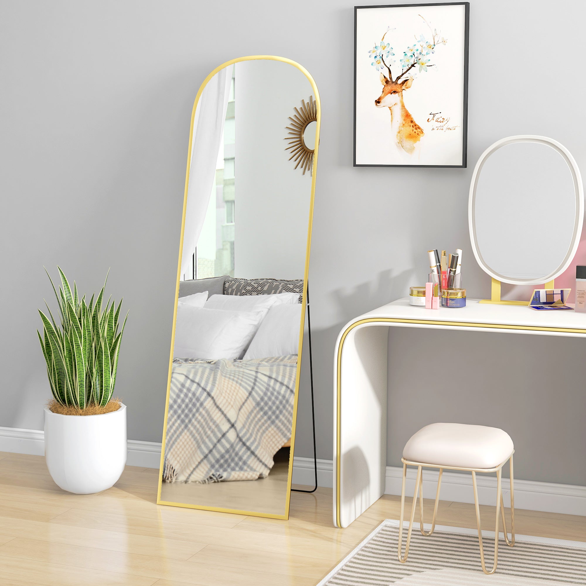 HOMCOM Arched Full Length Mirror, 64" x 20" Aluminum Full Body Mirror with Stand, Free Standing, Wall Mounted or Leaning Floor Length Mirror for Living Room, Bedroom, Gold