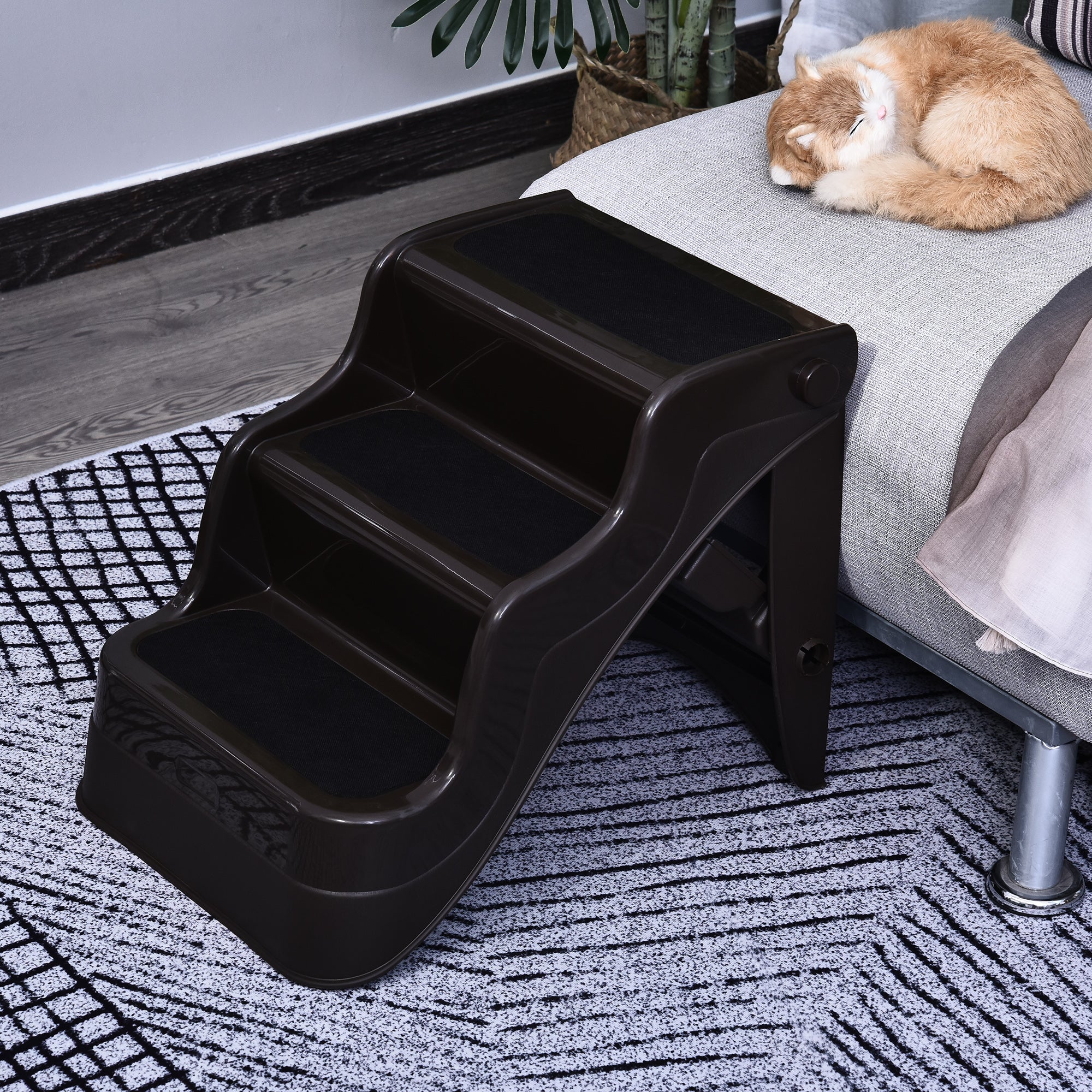 PawHut 3-steps Dog Stairs, Plastic Cat Ladder Lightweight, Pet Access Steps, for Bed, Sofa, Non-slip Stickers, Brown
