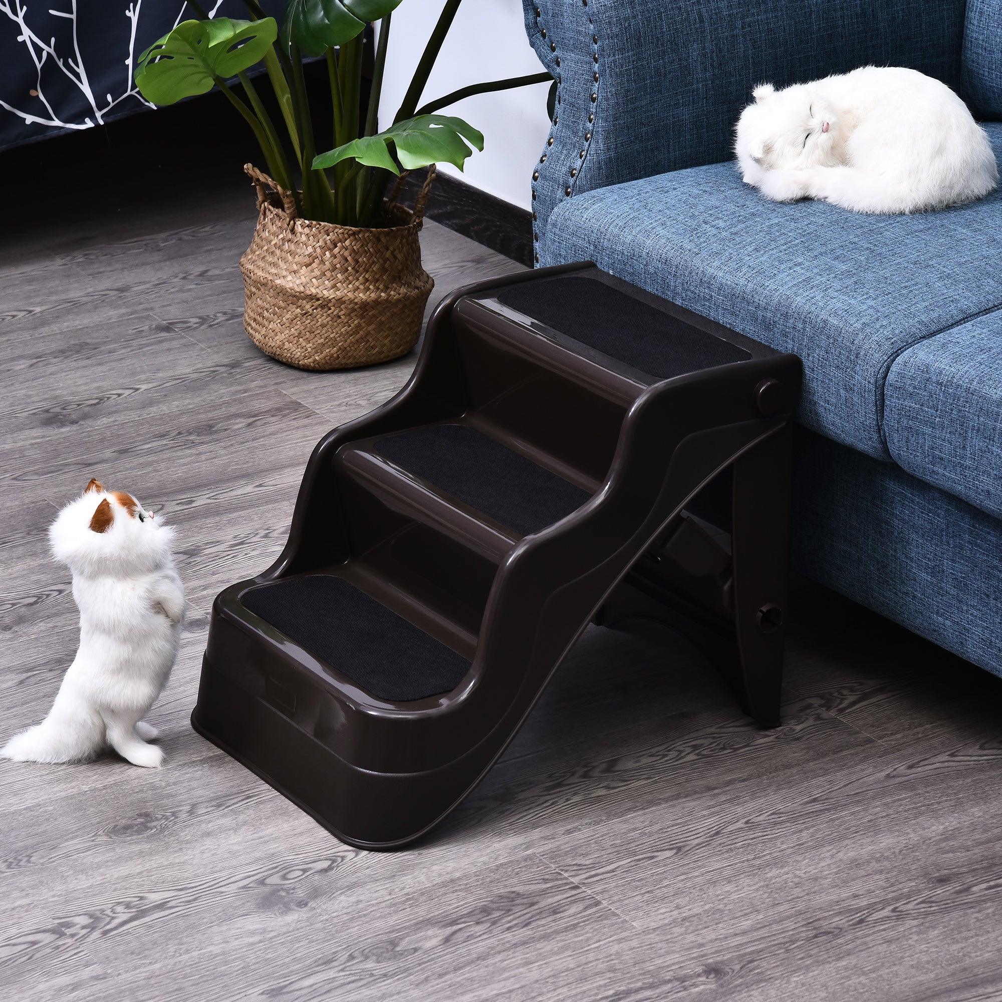 PawHut 3-steps Dog Stairs, Plastic Cat Ladder Lightweight, Pet Access Steps, for Bed, Sofa, Non-slip Stickers, Brown