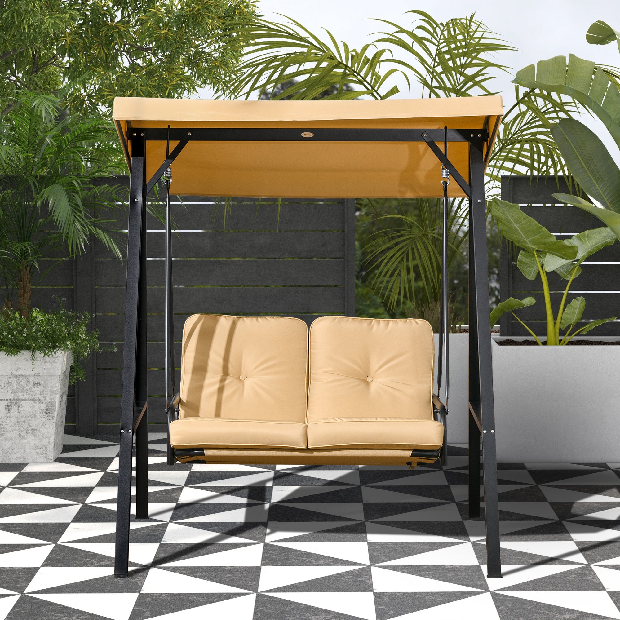 Outsunny 2 Seater Covered Outdoor Swing Chair Porch Swing Bench Lounger Hammock with Removable Cushion Tilt Canopy, Beige
