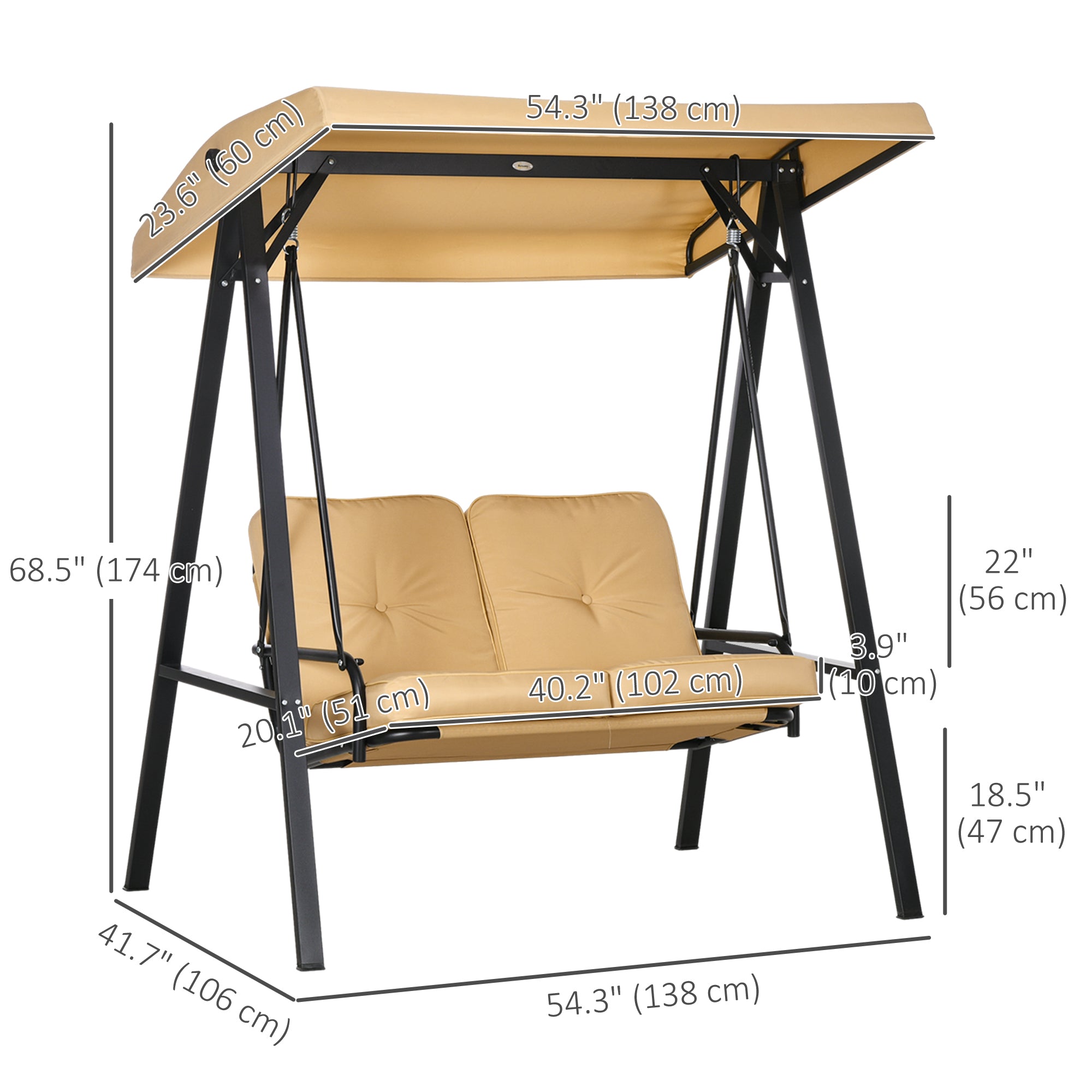 Outsunny 2 Seater Covered Outdoor Swing Chair Porch Swing Bench Lounger Hammock with Removable Cushion Tilt Canopy, Beige