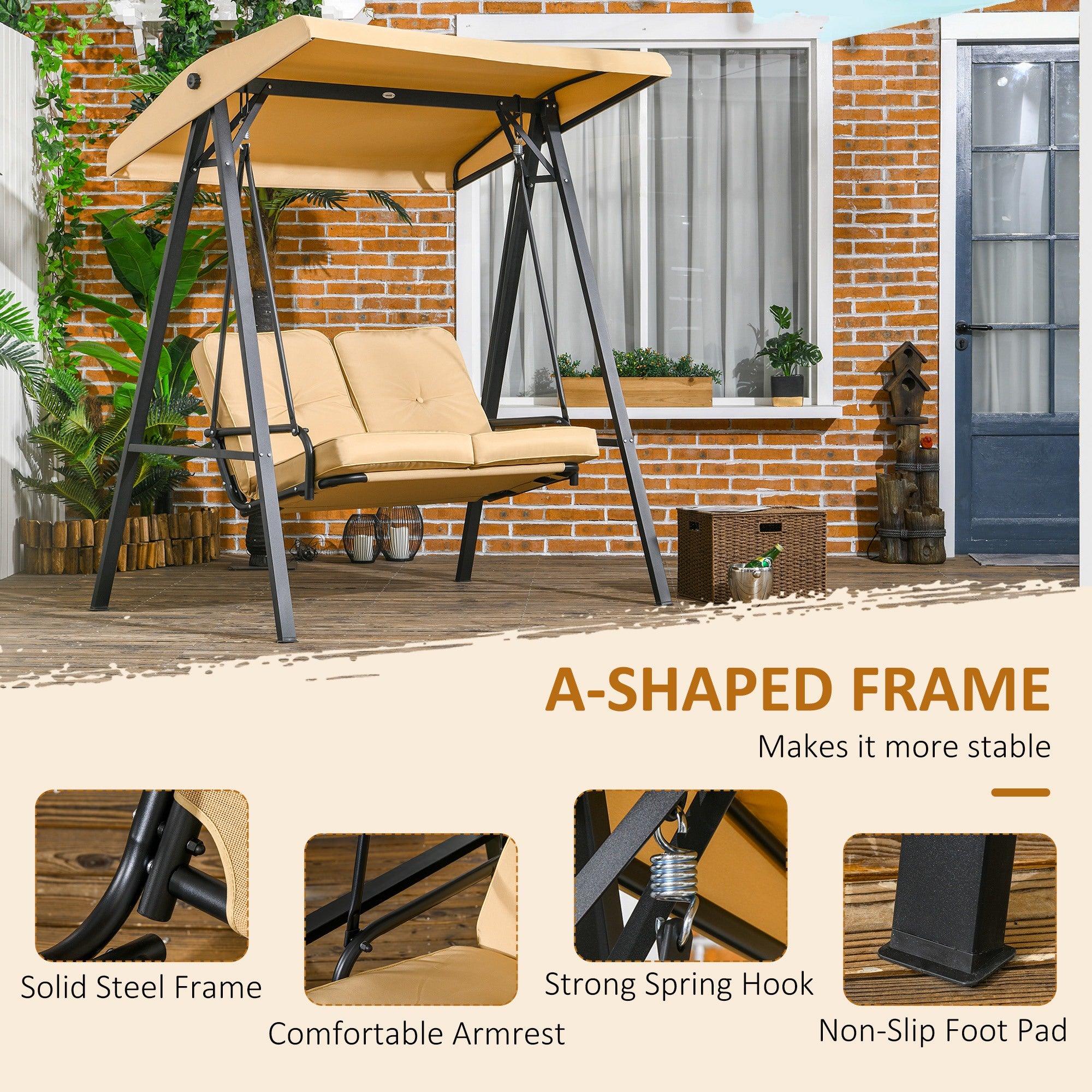 Outsunny 2 Seater Covered Outdoor Swing Chair Porch Swing Bench Lounger Hammock with Removable Cushion Tilt Canopy, Beige