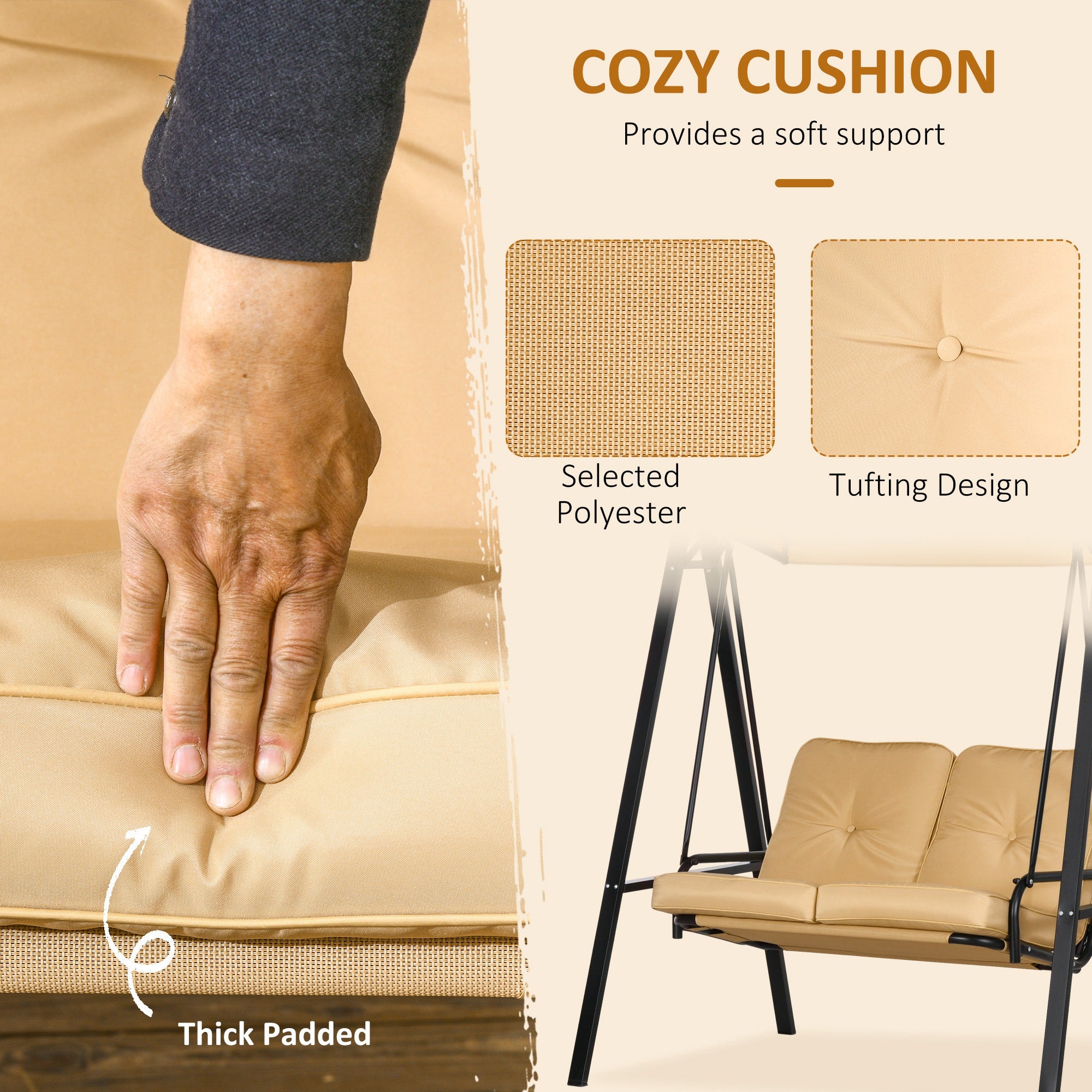 Outsunny 2 Seater Covered Outdoor Swing Chair Porch Swing Bench Lounger Hammock with Removable Cushion Tilt Canopy, Beige