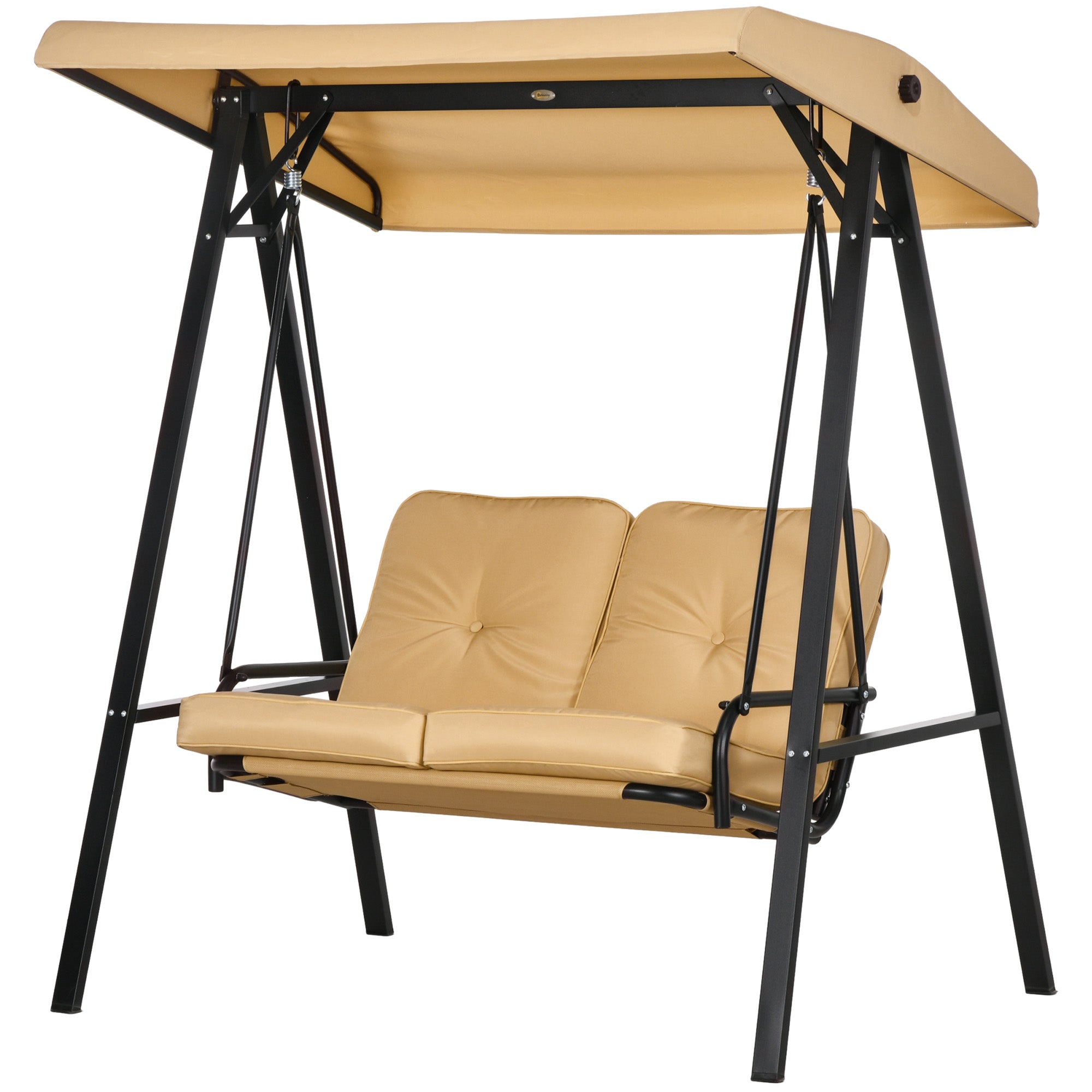 Outsunny 2 Seater Covered Outdoor Swing Chair Porch Swing Bench Lounger Hammock with Removable Cushion Tilt Canopy, Beige