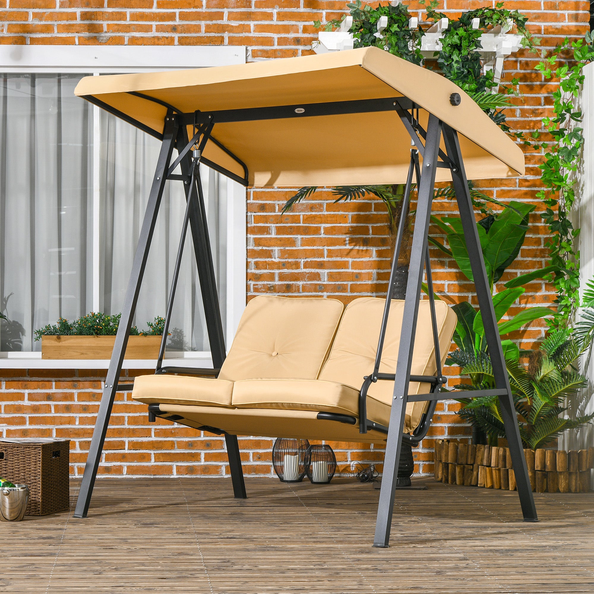 Outsunny 2 Seater Covered Outdoor Swing Chair Porch Swing Bench Lounger Hammock with Removable Cushion Tilt Canopy, Beige