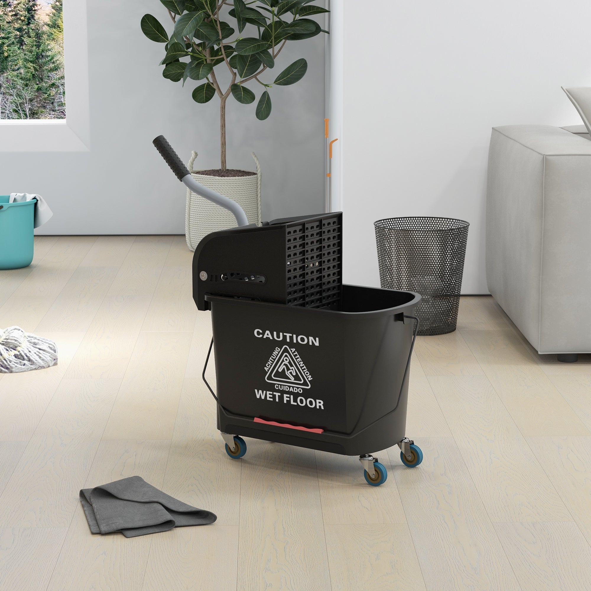 HOMCOM 20L Mop Bucket with Wringer and Handle, Mop Bucket on Wheels for Floor Cleaning, Separate Dirty and Clean Water, Black
