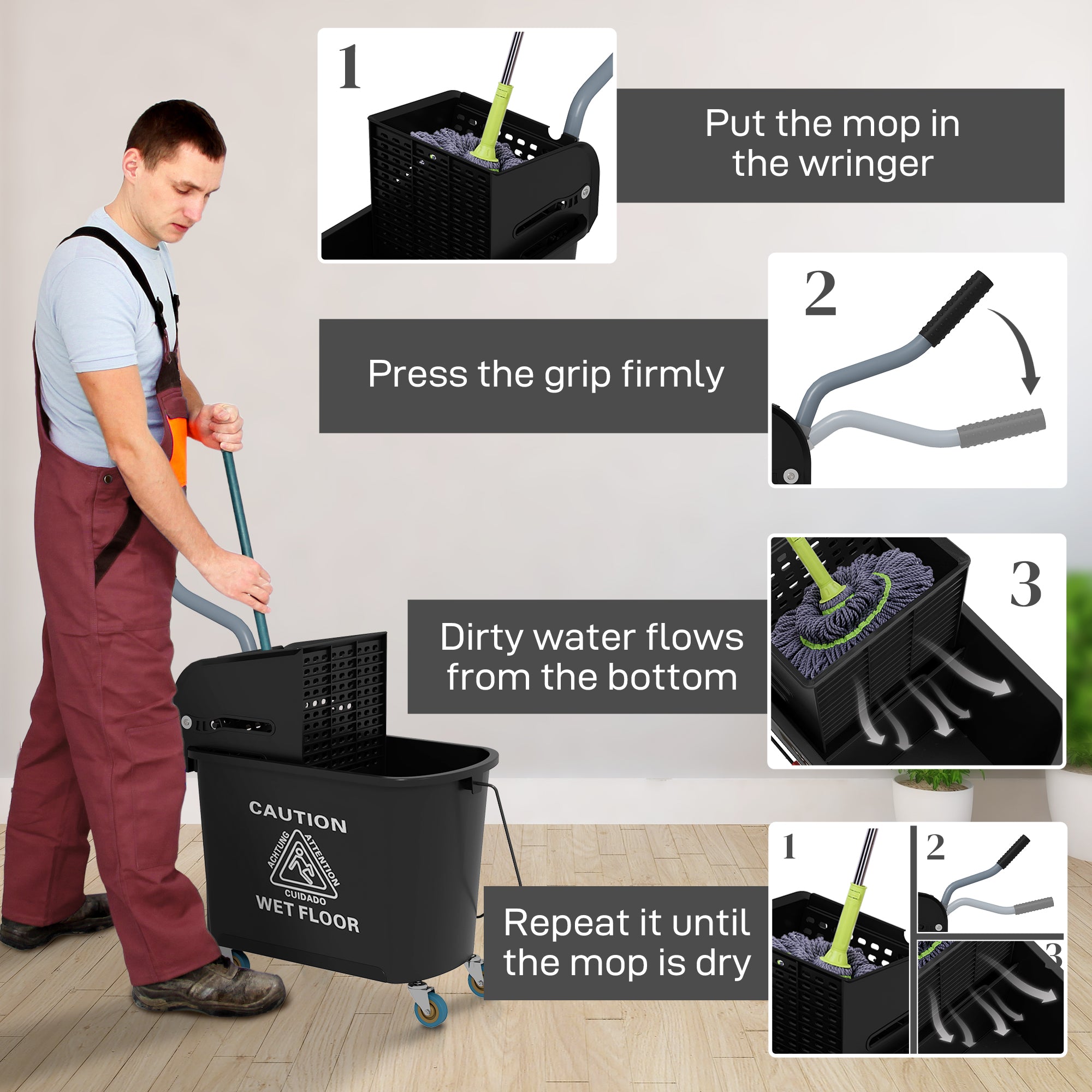 HOMCOM 20L Mop Bucket with Wringer and Handle, Mop Bucket on Wheels for Floor Cleaning, Separate Dirty and Clean Water, Black