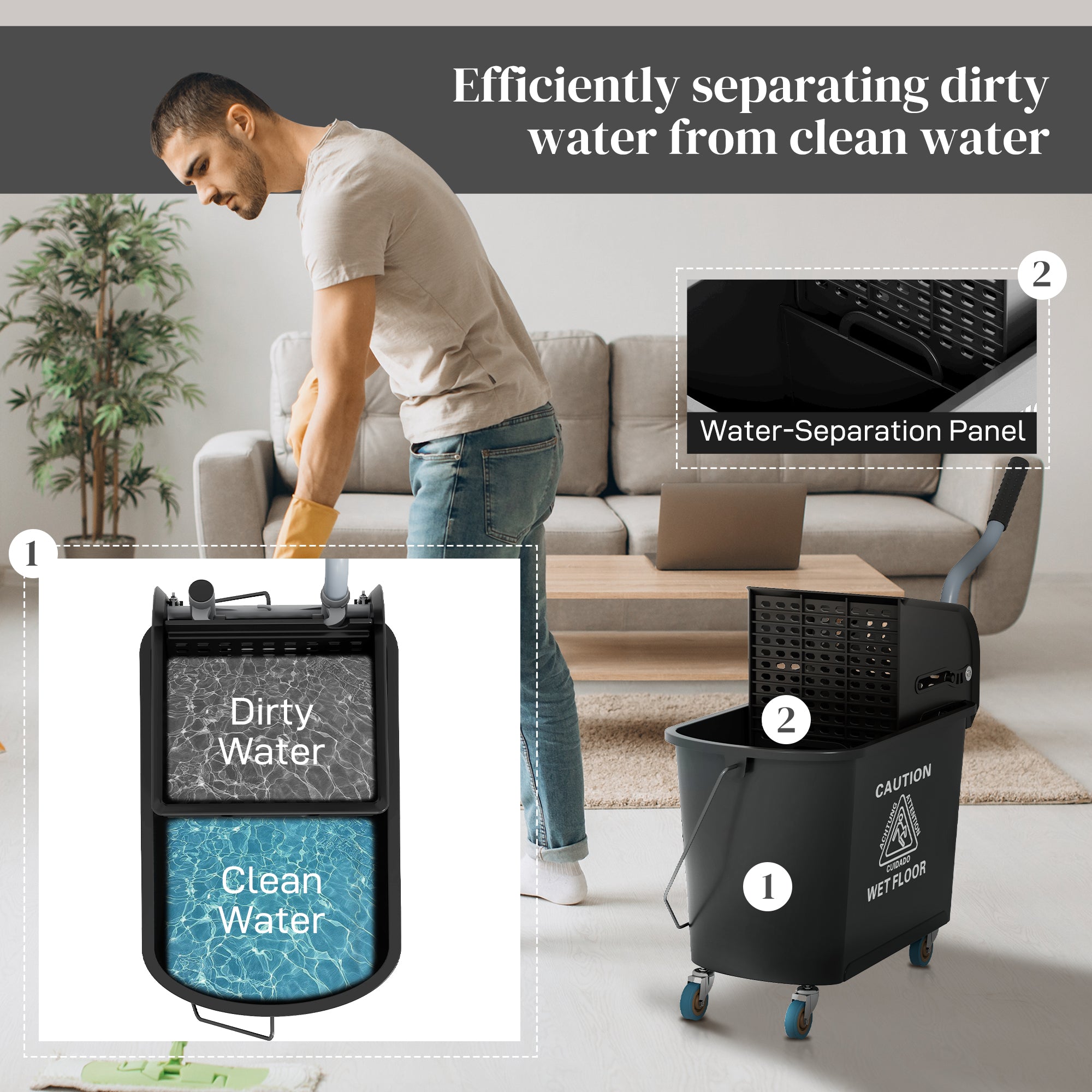HOMCOM 20L Mop Bucket with Wringer and Handle, Mop Bucket on Wheels for Floor Cleaning, Separate Dirty and Clean Water, Black