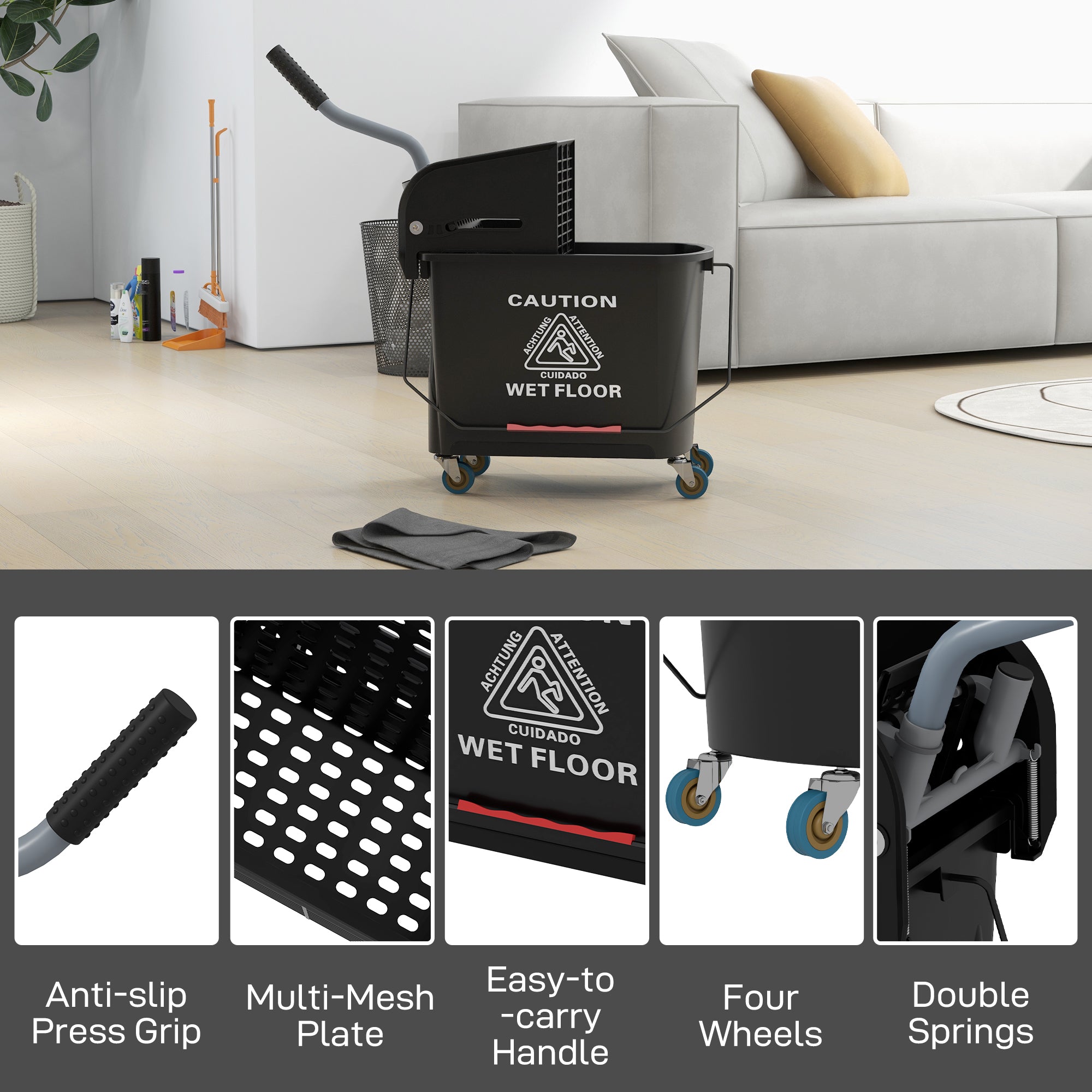HOMCOM 20L Mop Bucket with Wringer and Handle, Mop Bucket on Wheels for Floor Cleaning, Separate Dirty and Clean Water, Black