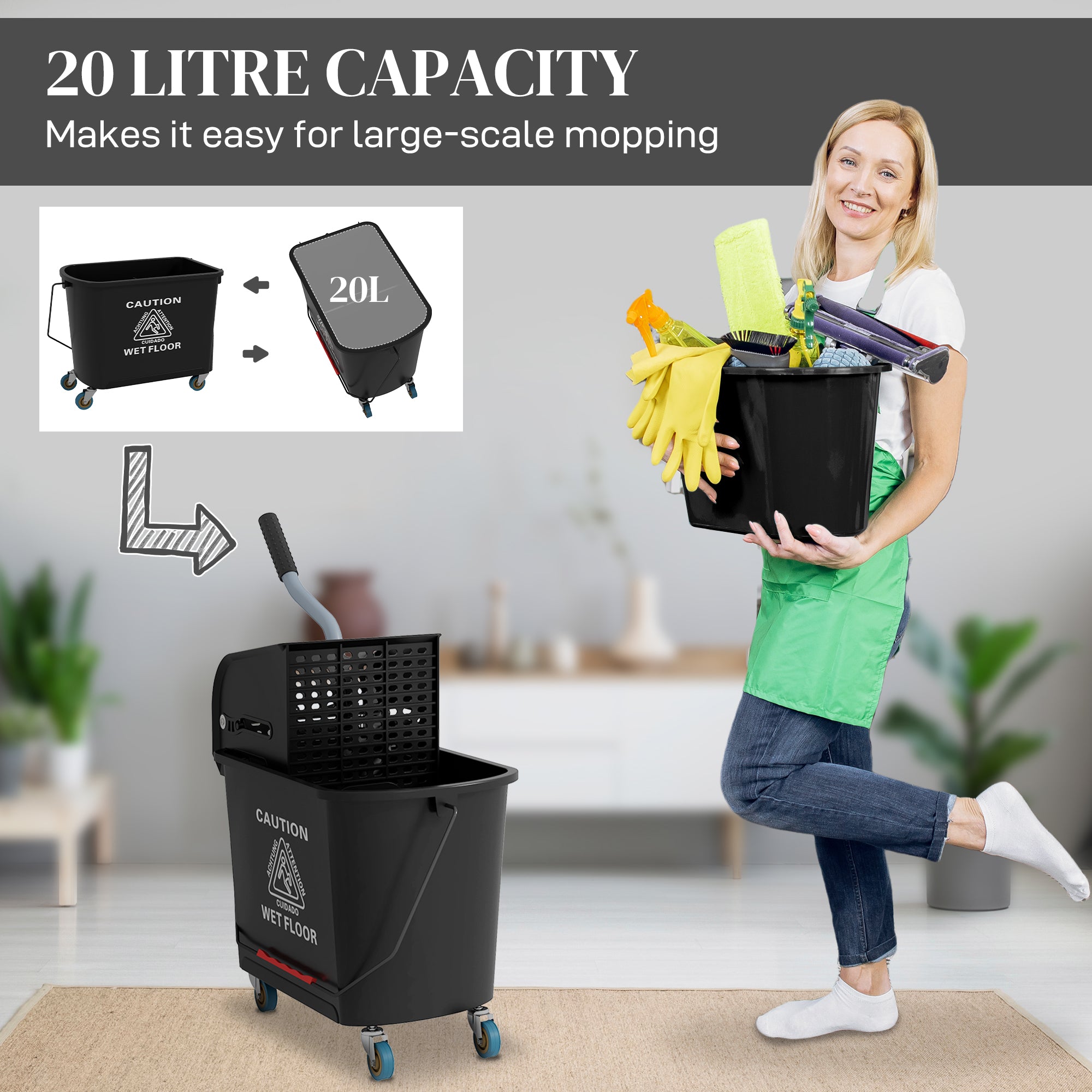HOMCOM 20L Mop Bucket with Wringer and Handle, Mop Bucket on Wheels for Floor Cleaning, Separate Dirty and Clean Water, Black