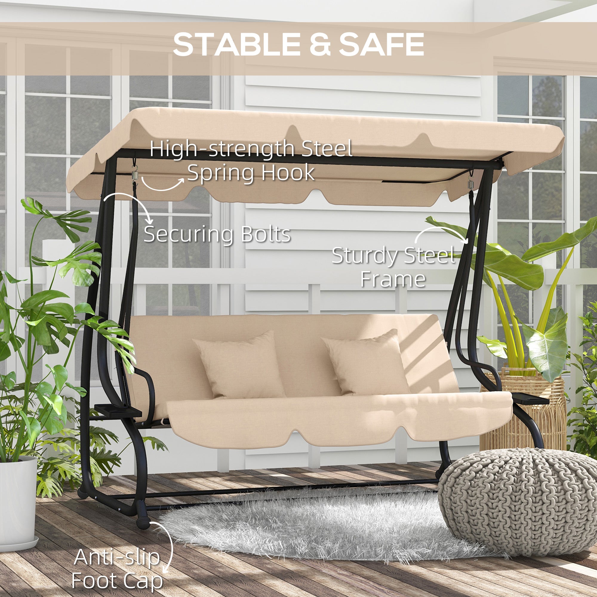 Outsunny 3-Seat Outdoor Patio Swing Chair, Converting Flat Bed, Canopy Swing with Adjustable Shade, Removable Cushions, Cup Holder, Light Brown