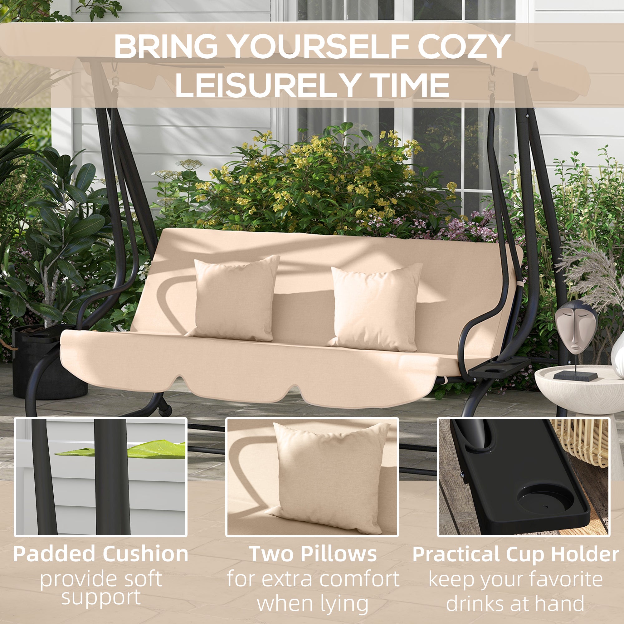 Outsunny 3-Seat Outdoor Patio Swing Chair, Converting Flat Bed, Canopy Swing with Adjustable Shade, Removable Cushions, Cup Holder, Light Brown