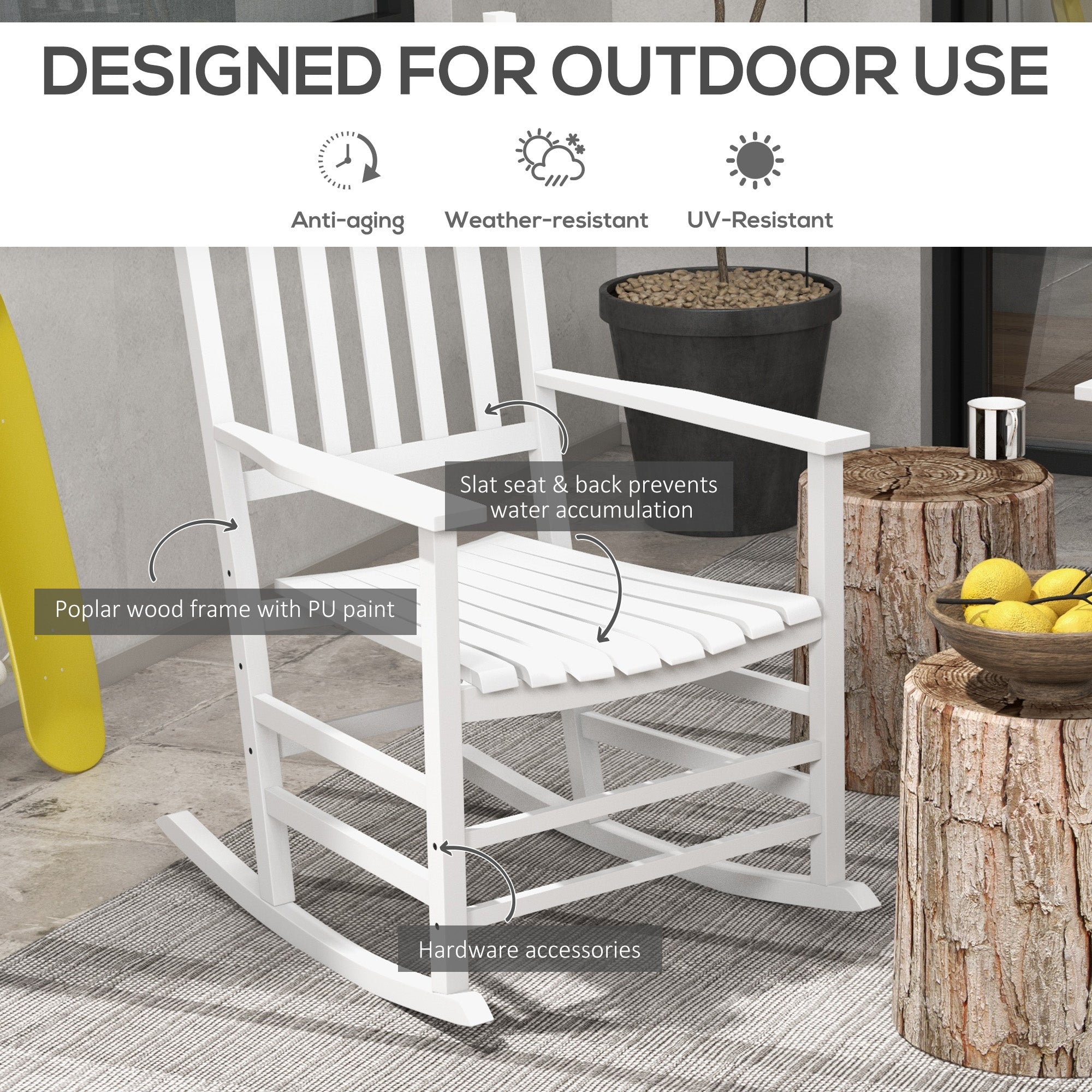 Outsunny 3 Pieces Outdoor Rocking Chair Set, Wooden Patio Rocking Chair Set with Folding Side Table, High Back and Armrests for Garden, Porch, Supports Up to 353 lbs, White