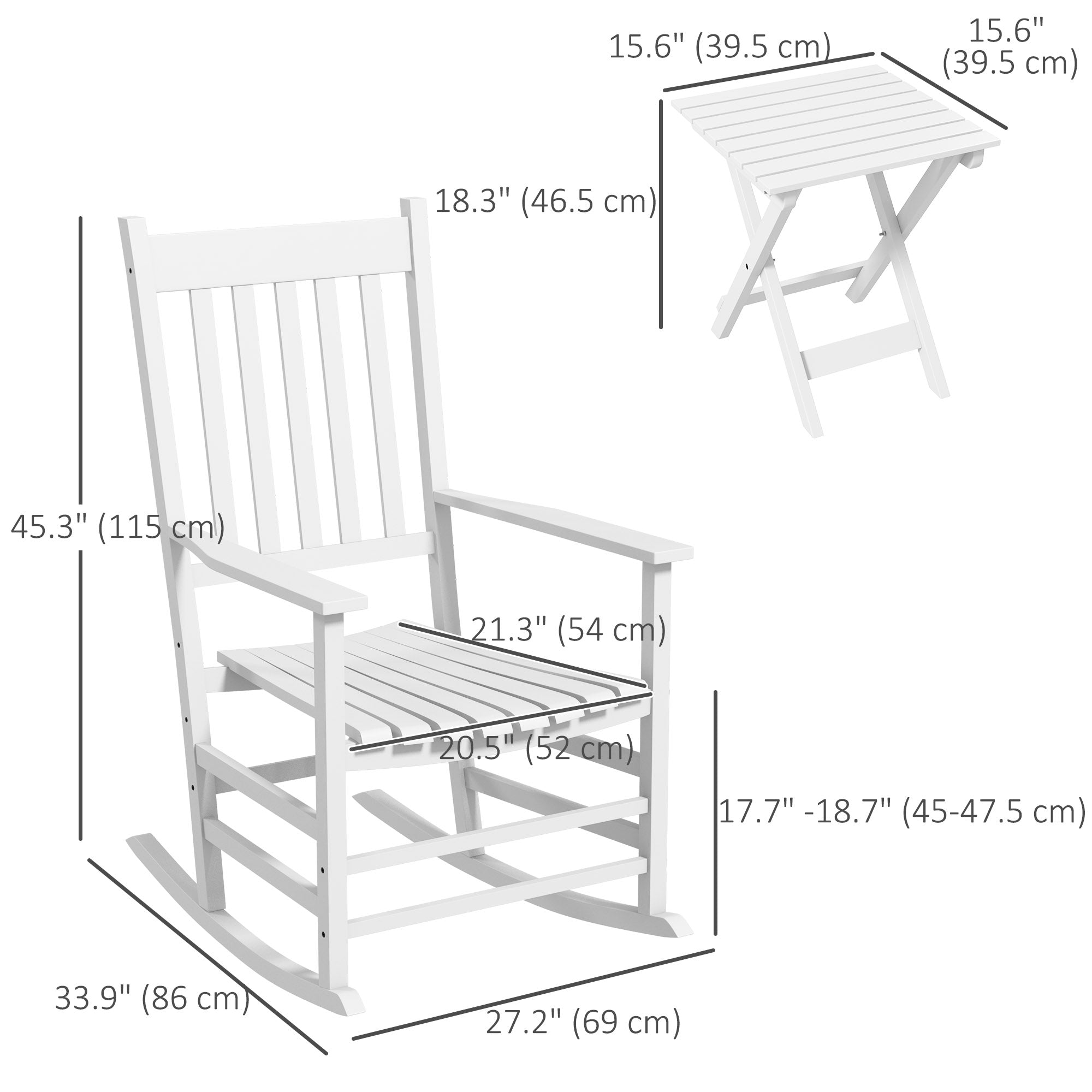 Outsunny 3 Pieces Outdoor Rocking Chair Set, Wooden Patio Rocking Chair Set with Folding Side Table, High Back and Armrests for Garden, Porch, Supports Up to 353 lbs, White
