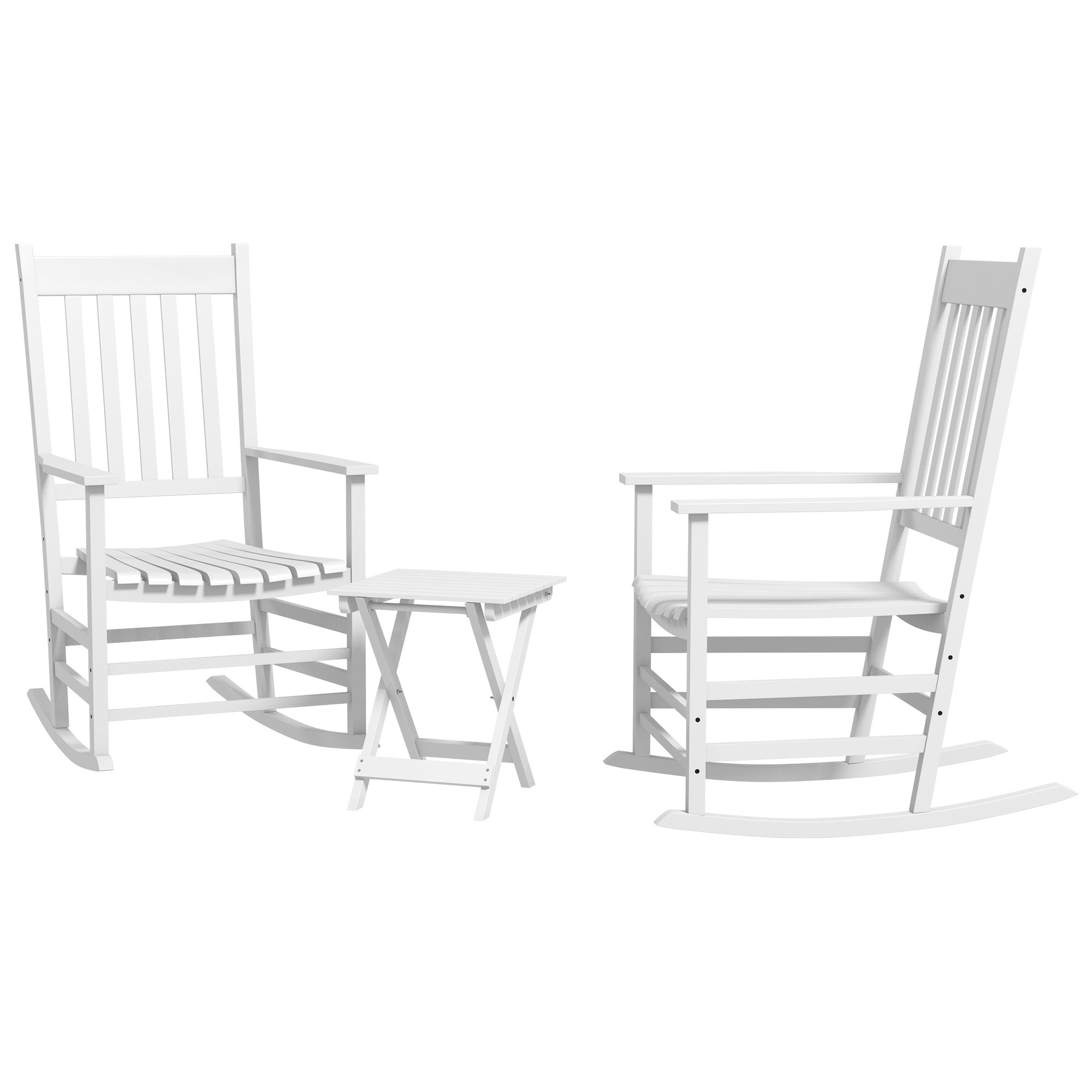 Outsunny 3 Pieces Outdoor Rocking Chair Set, Wooden Patio Rocking Chair Set with Folding Side Table, High Back and Armrests for Garden, Porch, Supports Up to 353 lbs, White