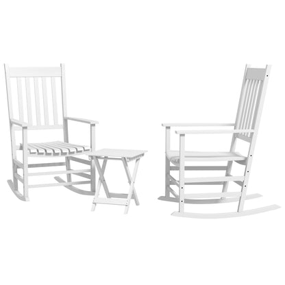 Outsunny 3 Pieces Outdoor Rocking Chair Set, Wooden Patio Rocking Chair Set with Folding Side Table, High Back and Armrests for Garden, Porch, Supports Up to 353 lbs, White