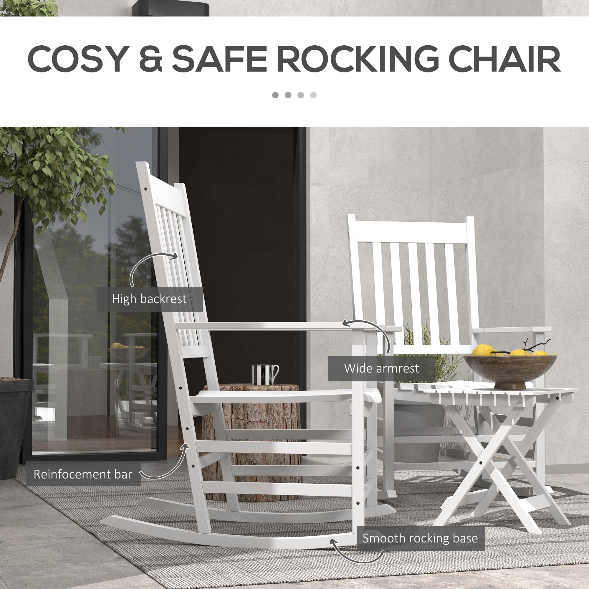 Outsunny 3 Pieces Outdoor Rocking Chair Set, Wooden Patio Rocking Chair Set with Folding Side Table, High Back and Armrests for Garden, Porch, Supports Up to 353 lbs, White