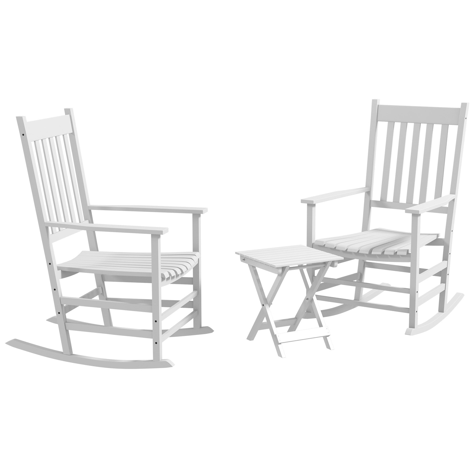 Outsunny 3 Pieces Outdoor Rocking Chair Set, Wooden Patio Rocking Chair Set with Folding Side Table, High Back and Armrests for Garden, Porch, Supports Up to 353 lbs, White
