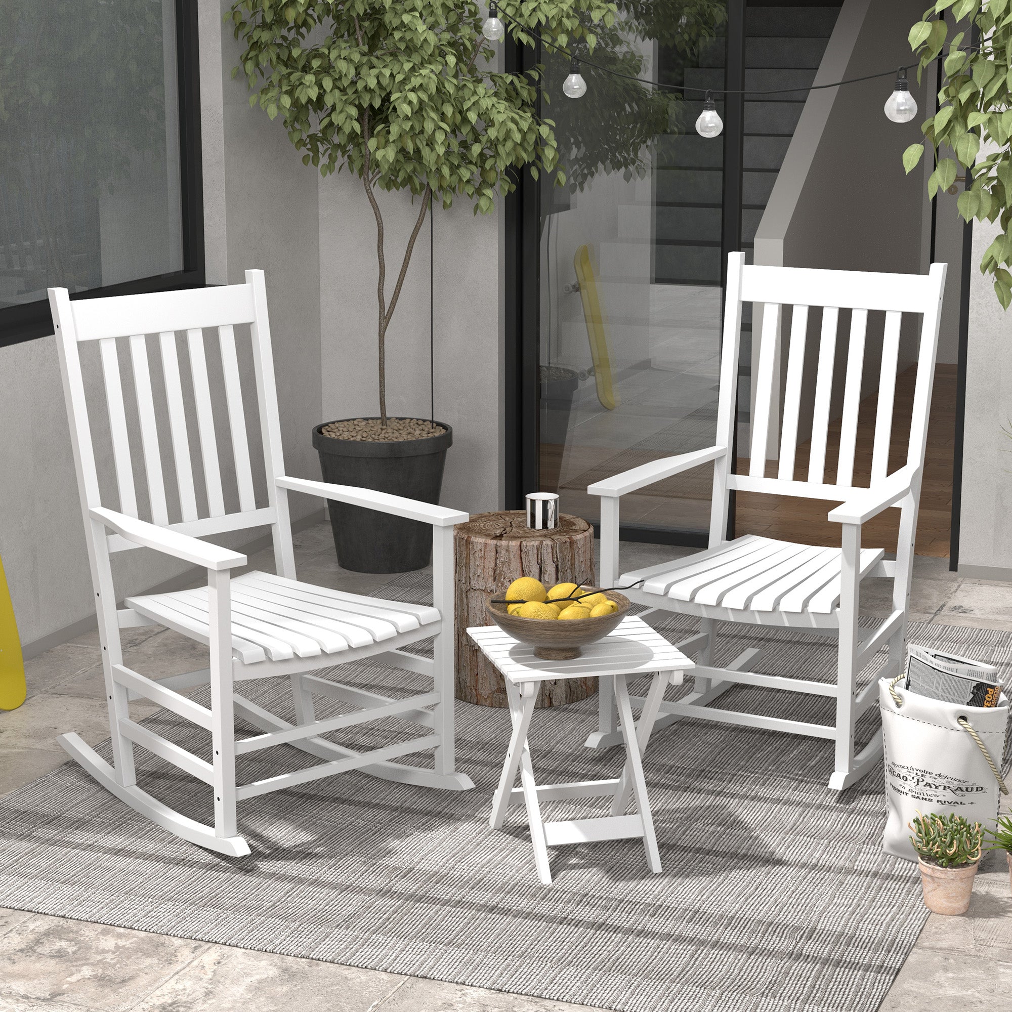 Outsunny 3 Pieces Outdoor Rocking Chair Set, Wooden Patio Rocking Chair Set with Folding Side Table, High Back and Armrests for Garden, Porch, Supports Up to 353 lbs, White