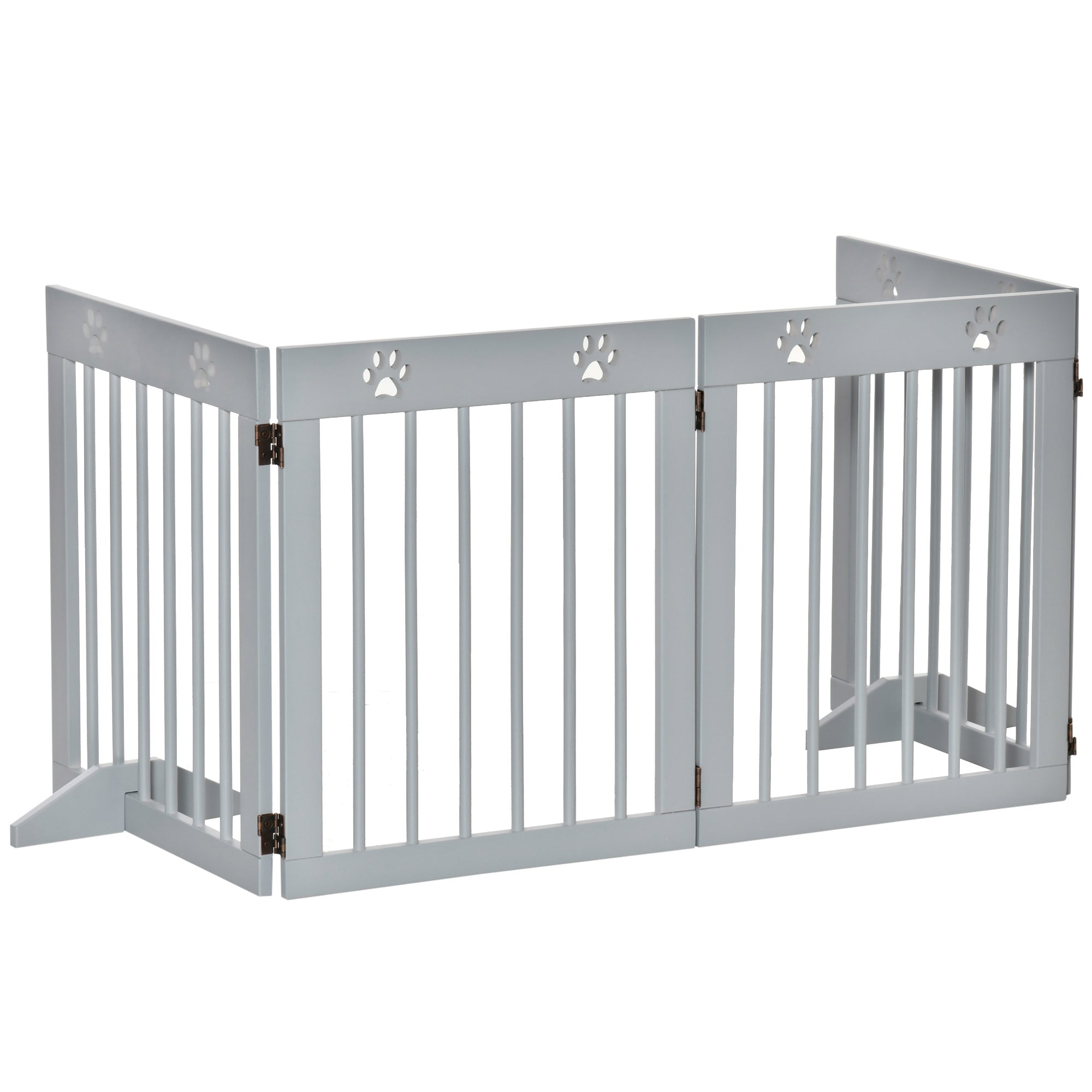 PawHut Freestanding Pet Gate 4 Panel Wooden Dog Barrier Folding Safety Fence with Support Feet up to 80.25" Long 24" Tall for Doorway Stairs Light Grey
