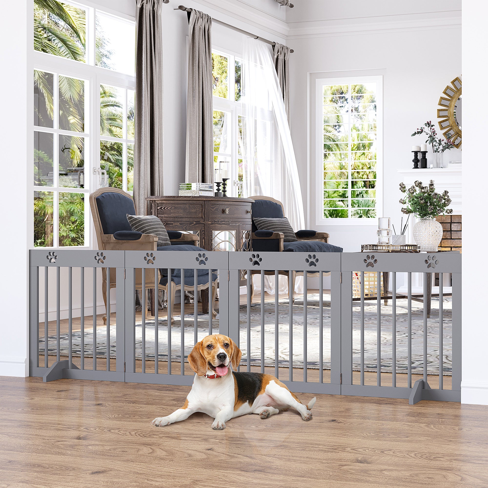 PawHut Freestanding Pet Gate 4 Panel Wooden Dog Barrier Folding Safety Fence with Support Feet up to 80.25" Long 24" Tall for Doorway Stairs Light Grey