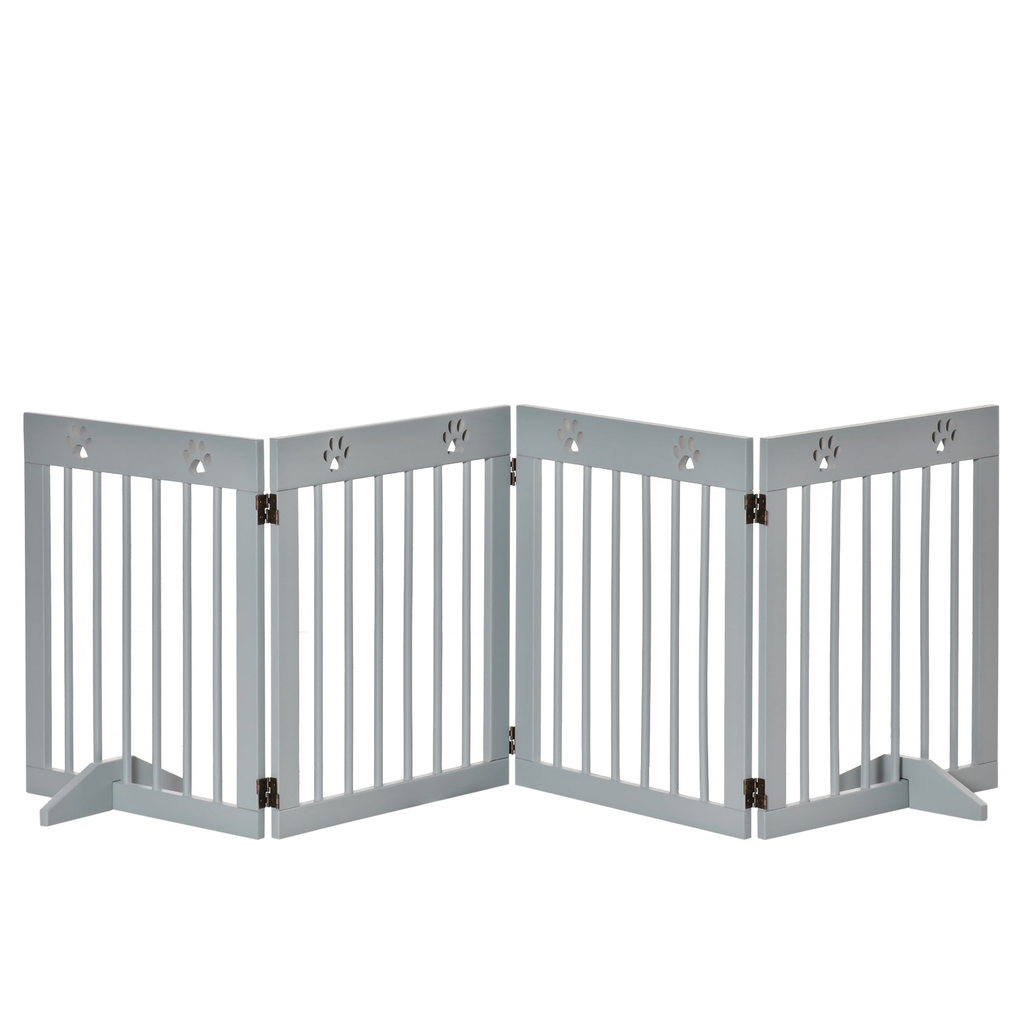 PawHut Freestanding Pet Gate 4 Panel Wooden Dog Barrier Folding Safety Fence with Support Feet up to 80.25" Long 24" Tall for Doorway Stairs Light Grey