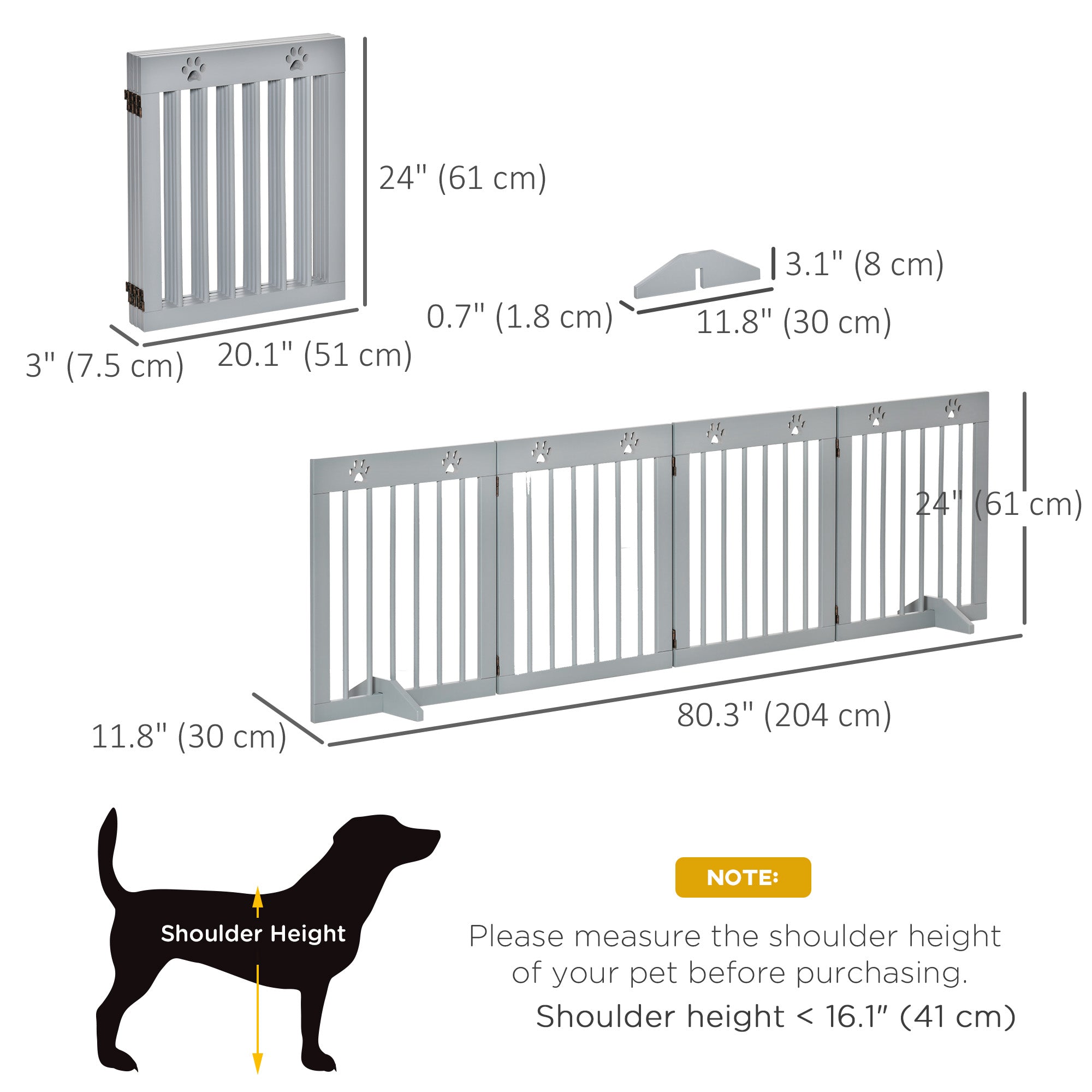 PawHut Freestanding Pet Gate 4 Panel Wooden Dog Barrier Folding Safety Fence with Support Feet up to 80.25" Long 24" Tall for Doorway Stairs Light Grey