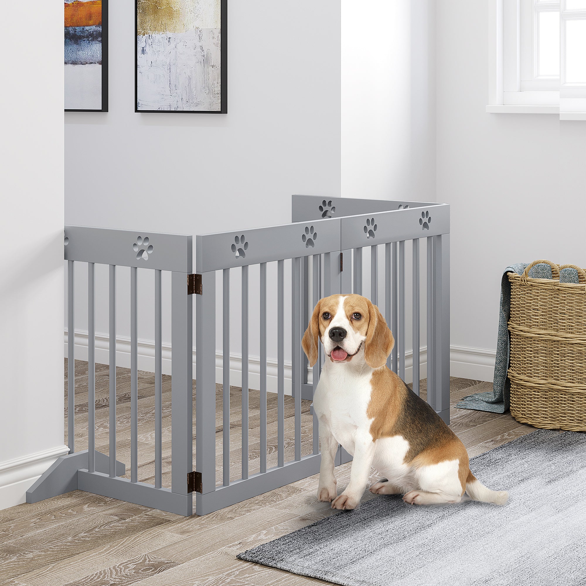 PawHut Freestanding Pet Gate 4 Panel Wooden Dog Barrier Folding Safety Fence with Support Feet up to 80.25" Long 24" Tall for Doorway Stairs Light Grey