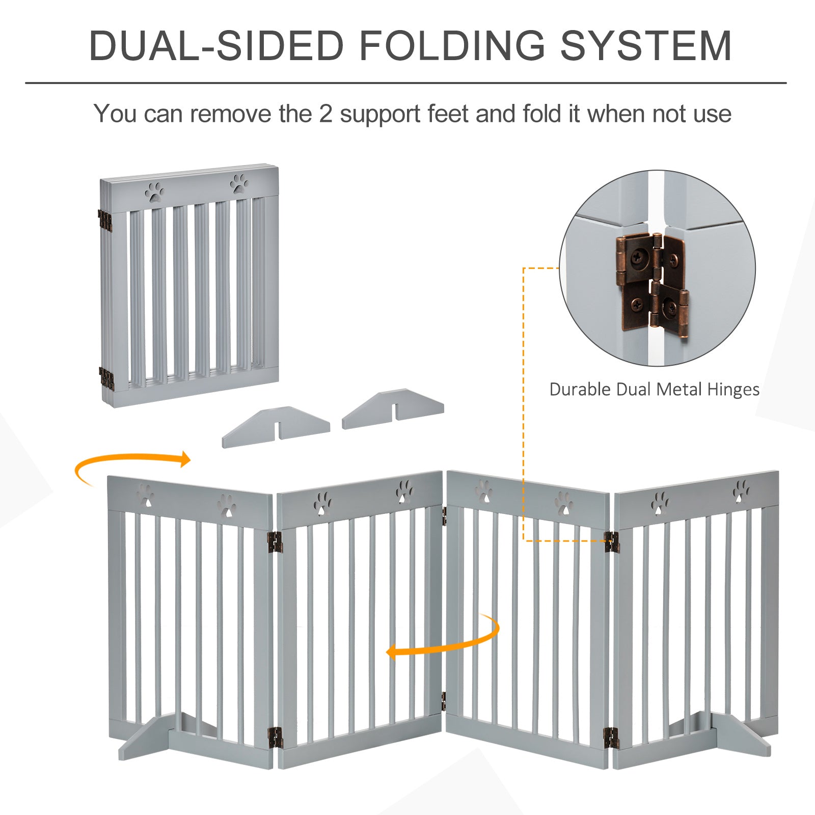 PawHut Freestanding Pet Gate 4 Panel Wooden Dog Barrier Folding Safety Fence with Support Feet up to 80.25" Long 24" Tall for Doorway Stairs Light Grey