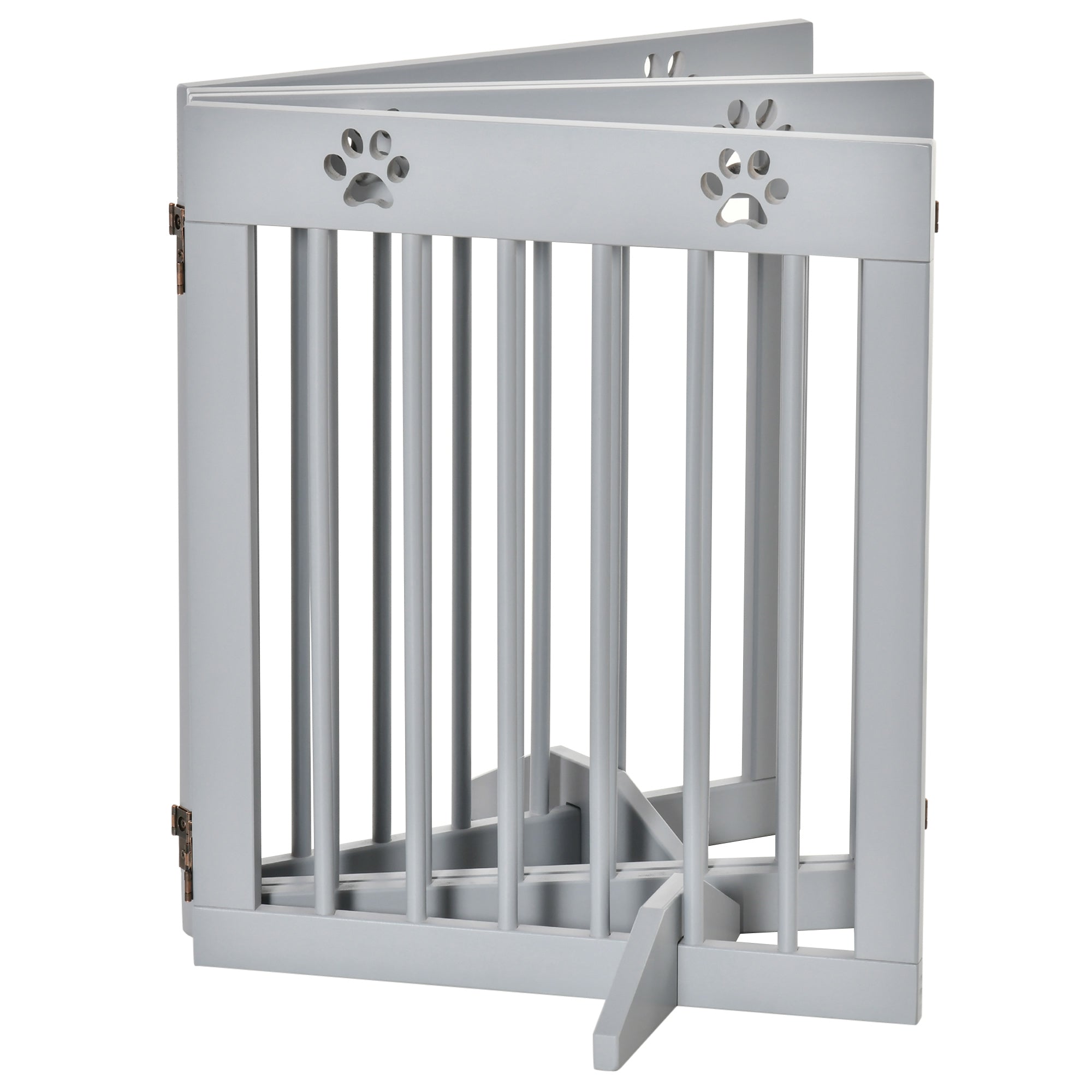 PawHut Freestanding Pet Gate 4 Panel Wooden Dog Barrier Folding Safety Fence with Support Feet up to 80.25" Long 24" Tall for Doorway Stairs Light Grey