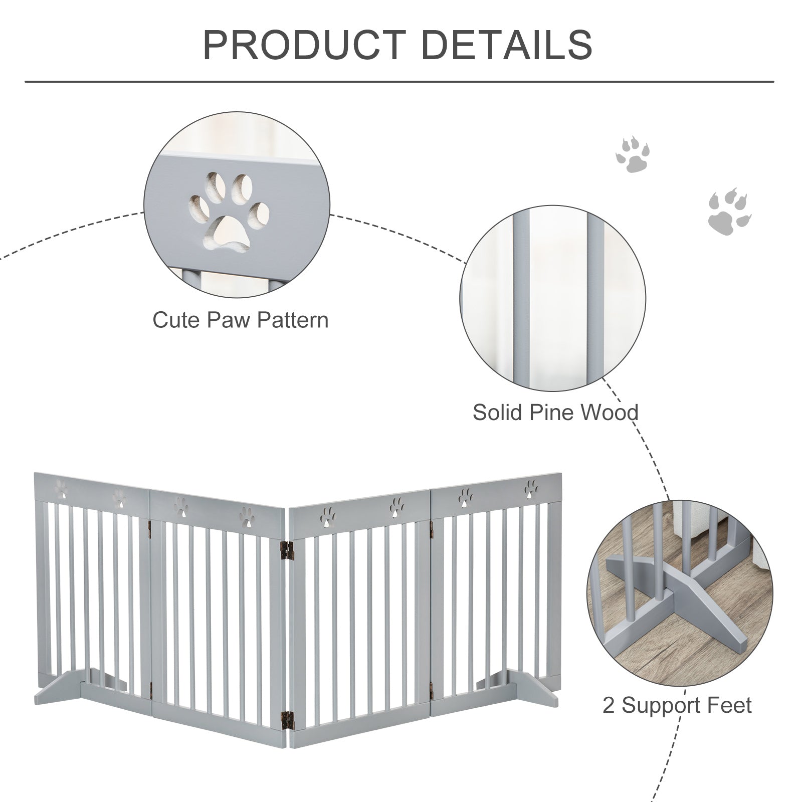 PawHut Freestanding Pet Gate 4 Panel Wooden Dog Barrier Folding Safety Fence with Support Feet up to 80.25" Long 24" Tall for Doorway Stairs Light Grey