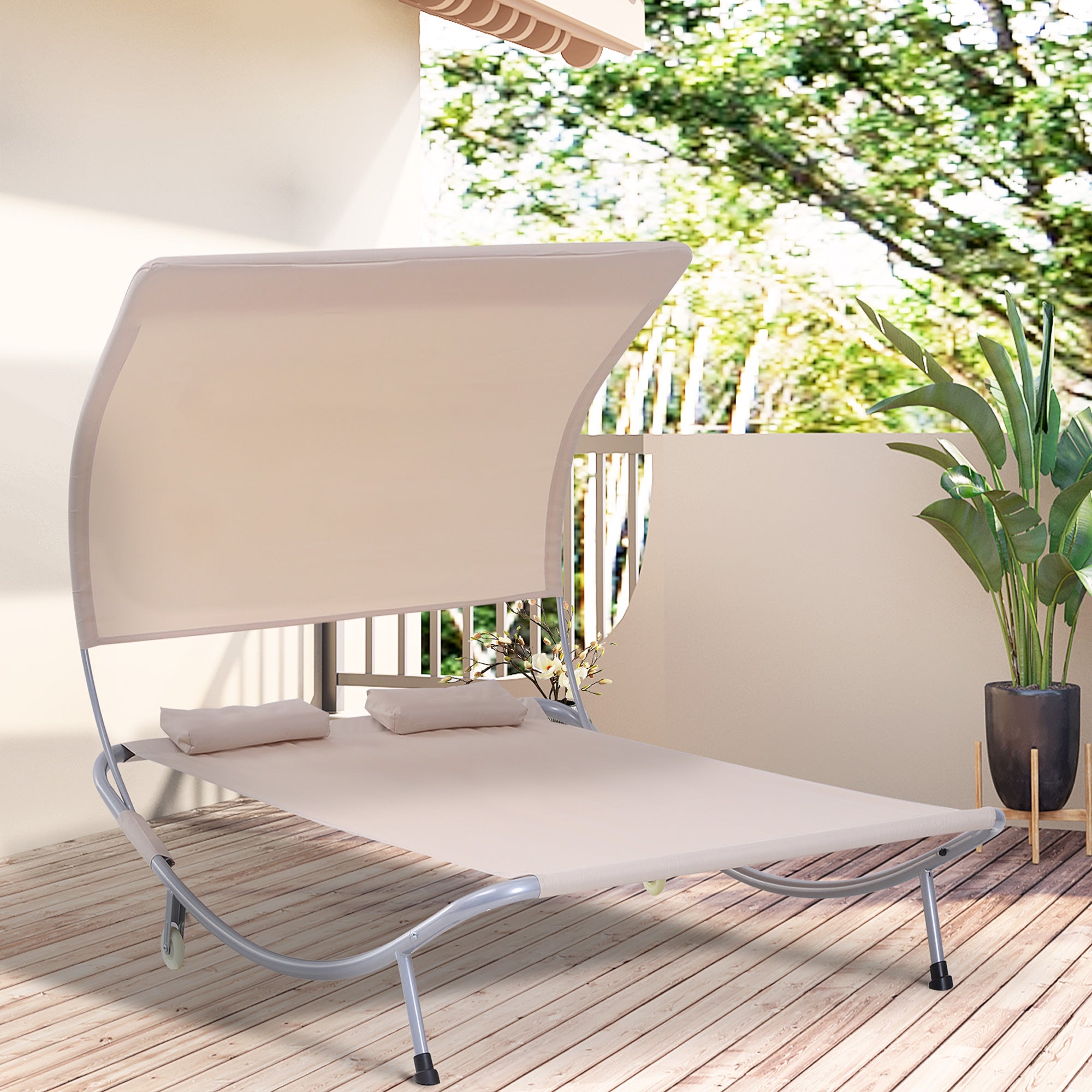 Outsunny 79" Outdoor Lounge Chair with Canopy, Double Garden Chaise Lounger Hammock Bed, Relaxing Sleeping Daybed w/ Pillow and Wheels, Sand