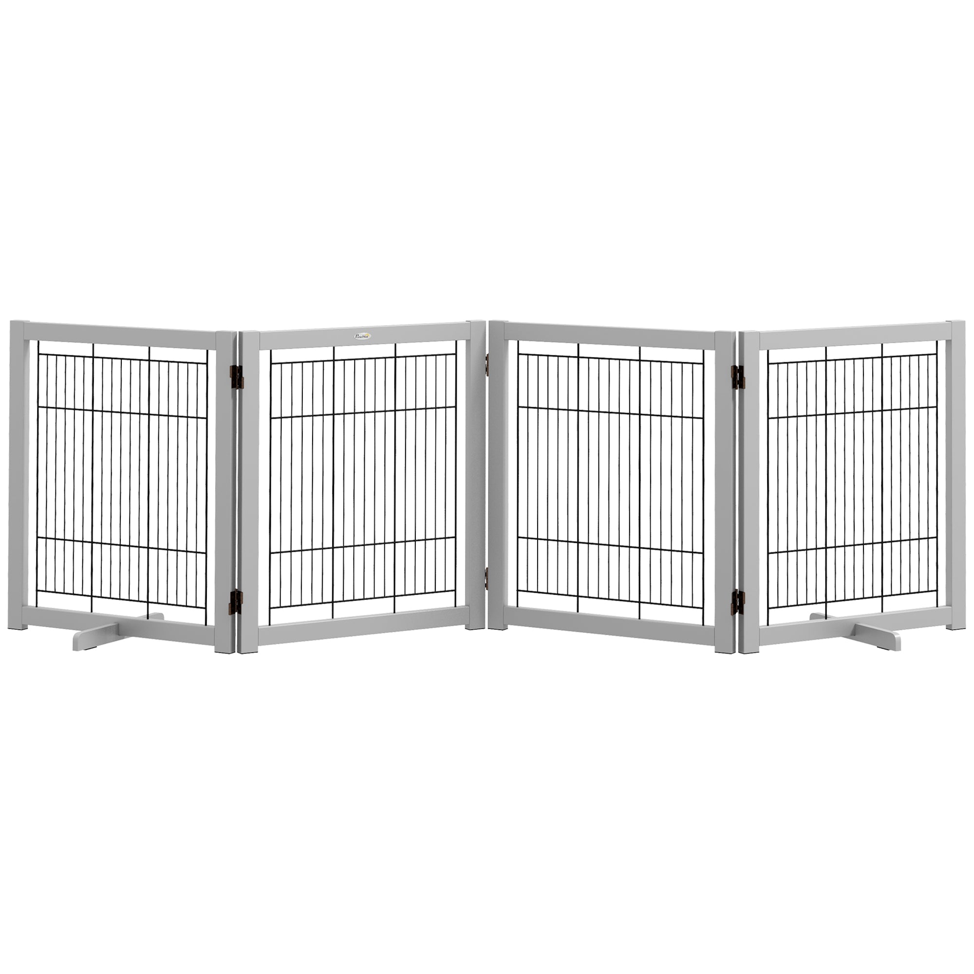 PawHut Wooden Dog Gate Foldable Pet Fence for Small & Medium Dogs 4 Panel with Support Feet Freestanding Safety Barrier for House Doorway Stairs Light Grey